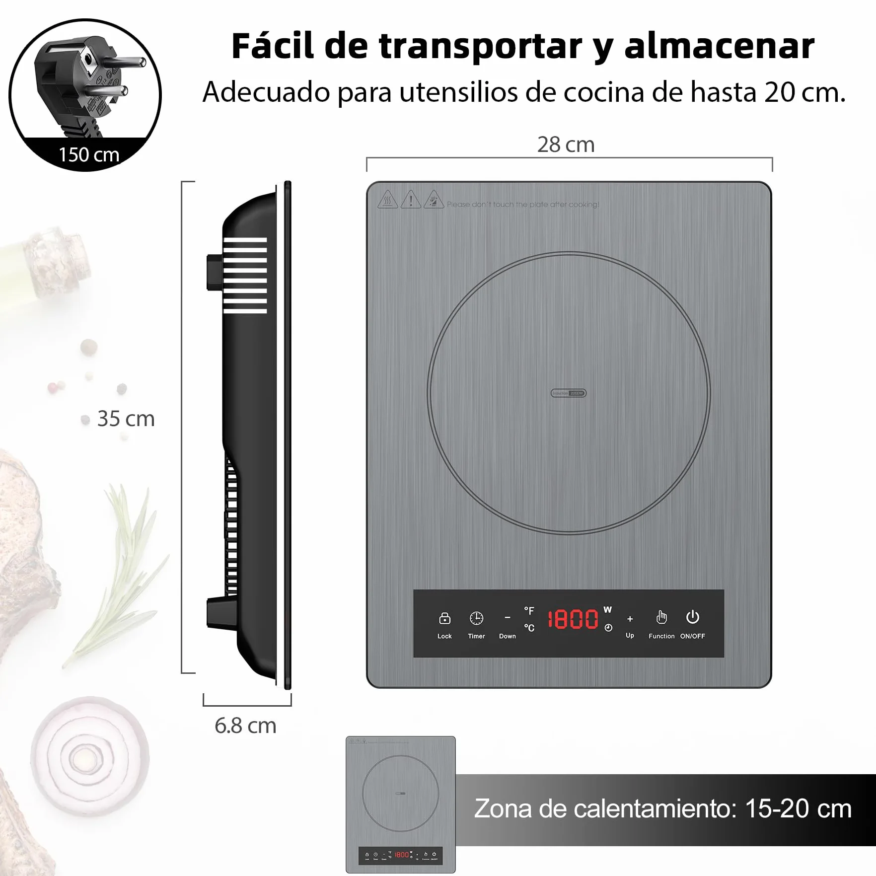Placa de Inducción Portátil 1800W, 10 Niveles de Calentamiento, Temporizador, Bloqueo para Niños