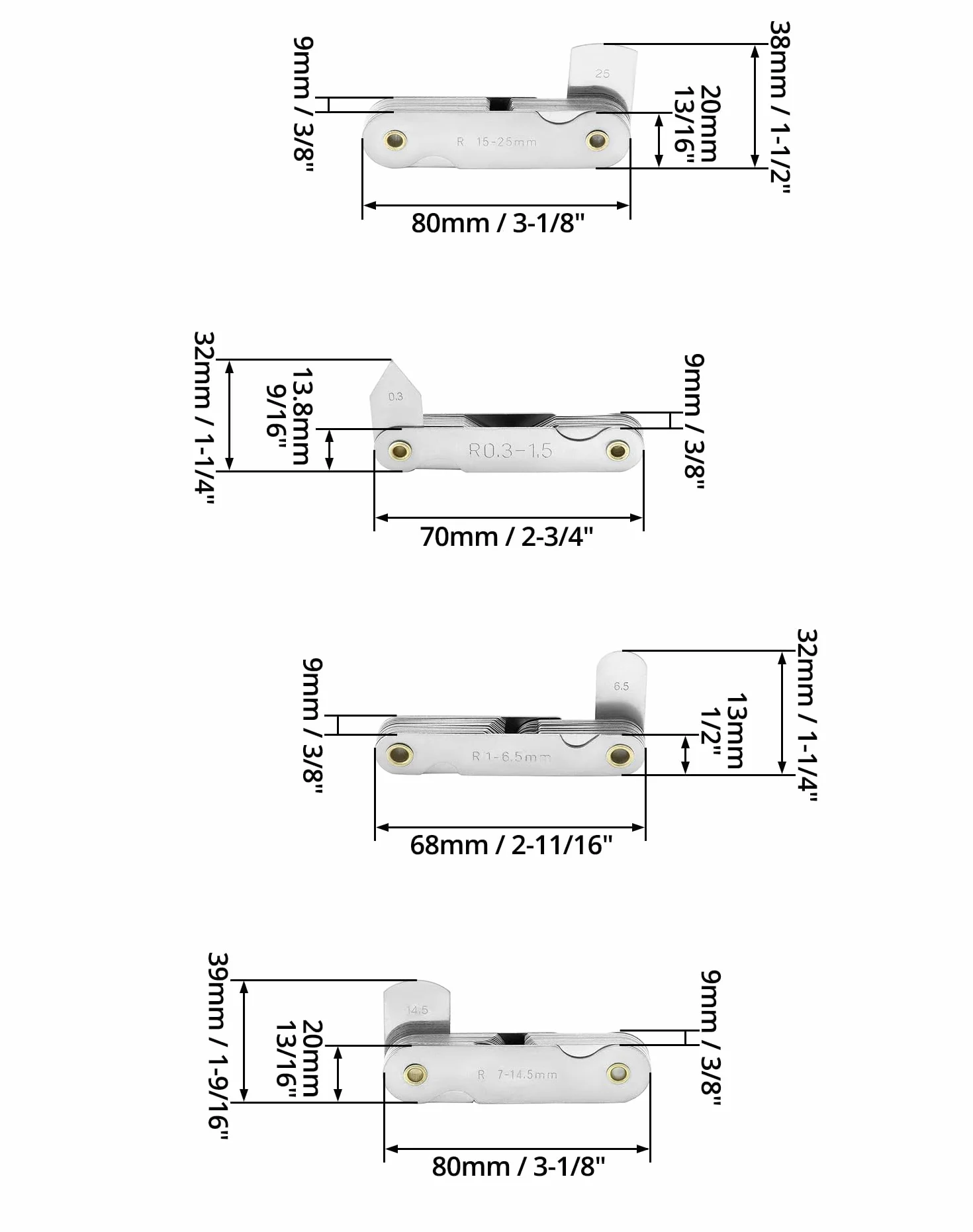 QWORK Medidor de filete acero inoxidable R0.3-1.5 R1-6.5 R7-14.5 R15-25 4 piezas