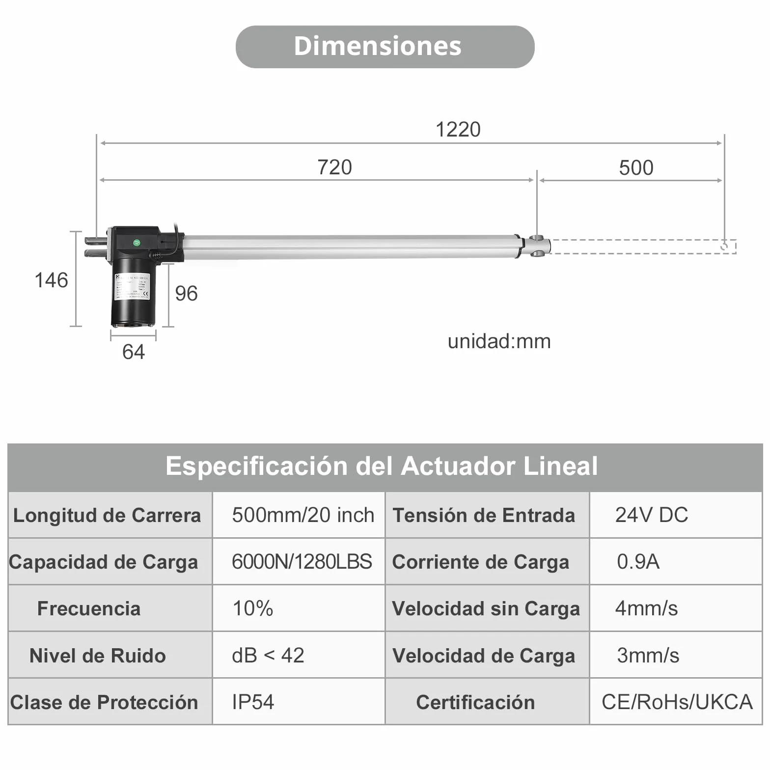 Justech DC 24V Actuador Lineal Motor 6000N 500mm Abridor Eléctrico de Puerta