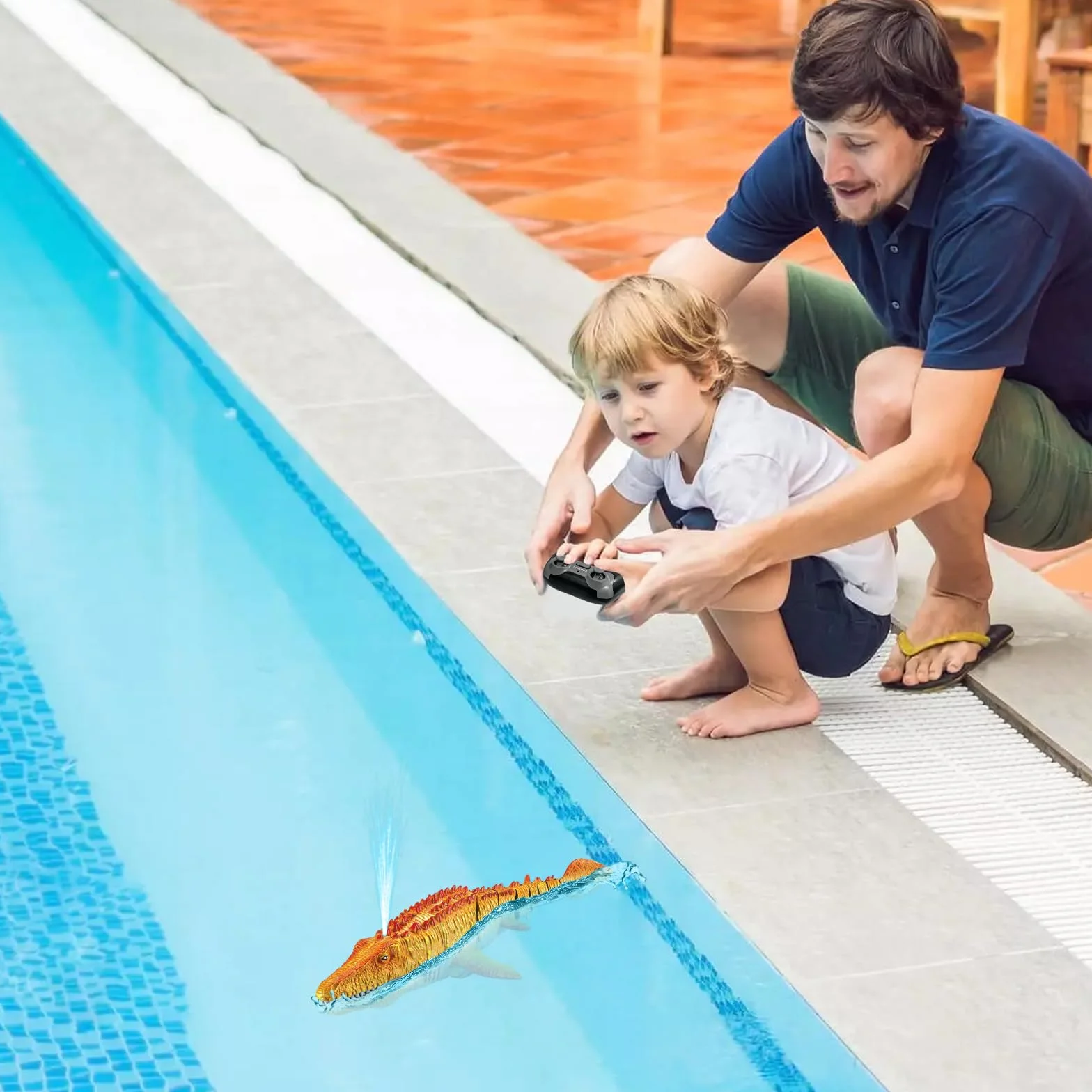 Mosasaurus Barco Teledirigido Eléctrico RC con Agua Pulverizada y Luz para Piscina Lago Baño (Amarillo)