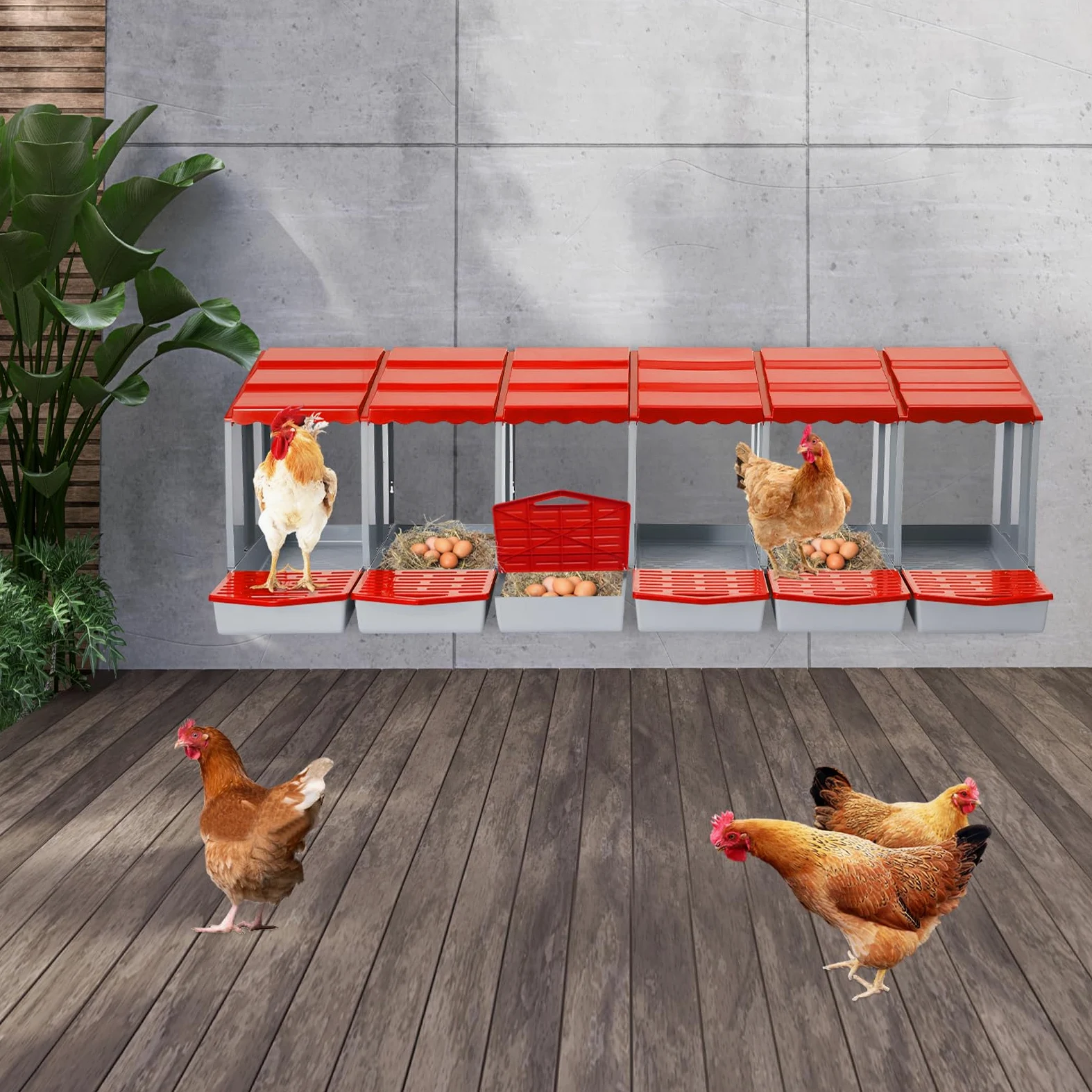 Nido de pollo con 6 cámaras, nido de plástico para montaje en pared, nido de aves de corral para huevos puestos, fácil limpieza (rojo)