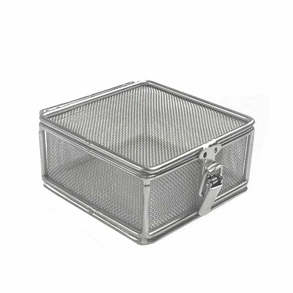Bandeja de instrumentos con tapa, cesta de malla de acero inoxidable para esterilización y limpieza de instrumentos quirúrgicos, estuche de suministros médicos, 40 x 30 x 7 cm