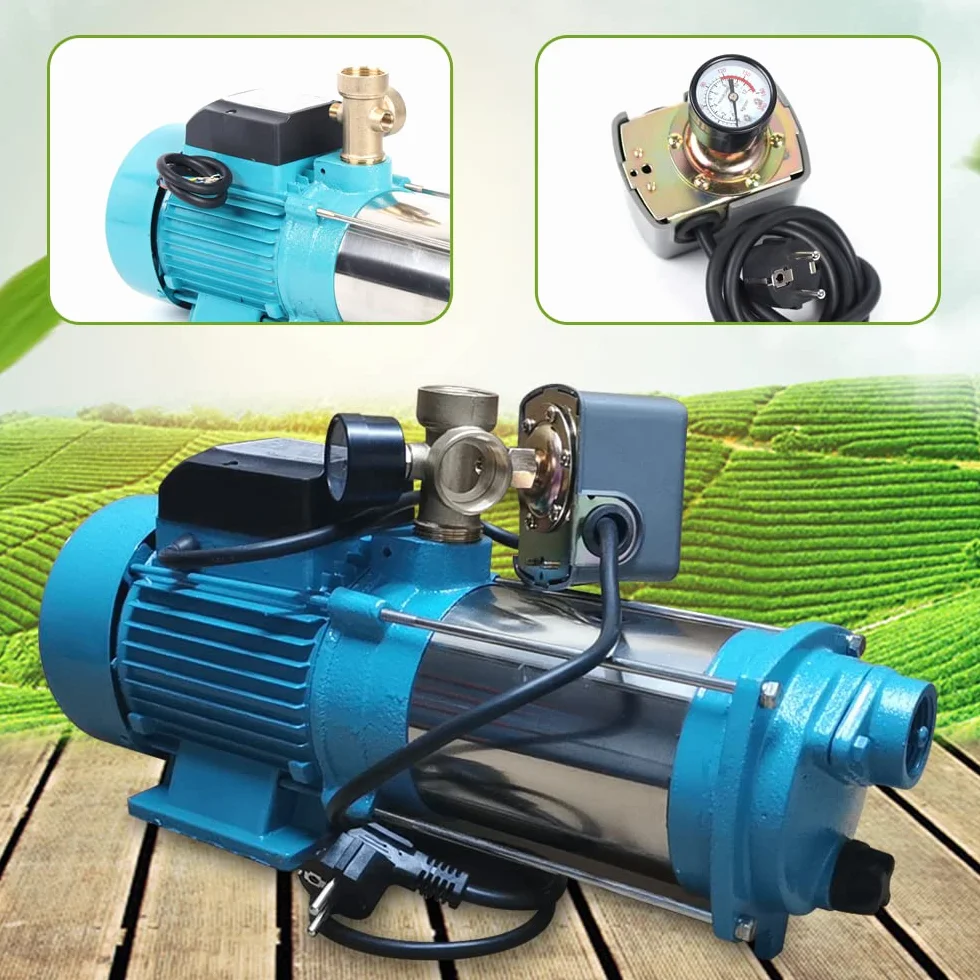 Bomba centrífuga de 1300 W, bomba de agua doméstica, bomba de jardín con manómetro e interruptor de presión, 220 V, bombas de agua para un jardín, bomba de agua eléctrica sumergible