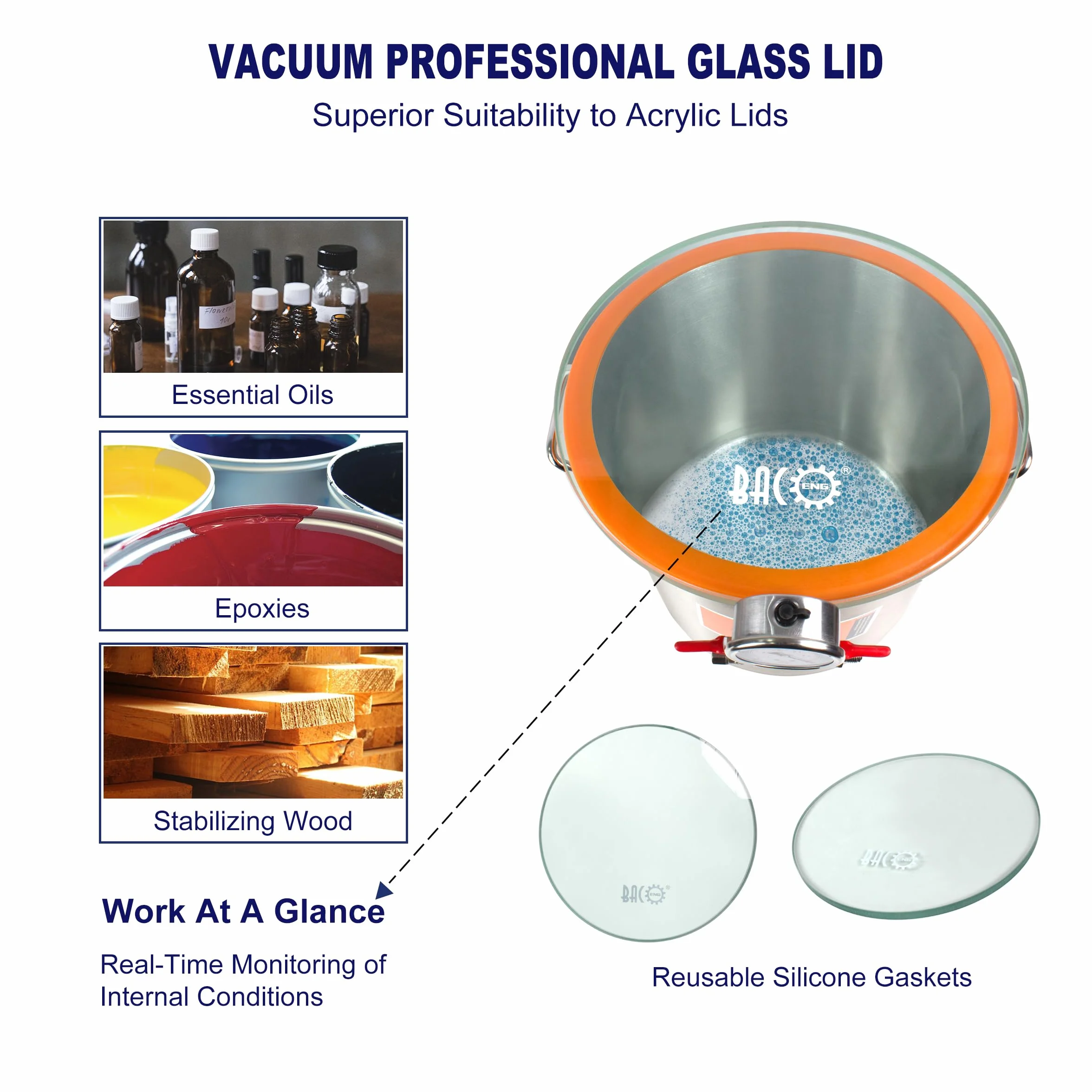 BACOENG Cámara de Vacío 19 L, Acero Inoxidable Cámara de Vacío con Tapa de Vidrio Templado, Especialmente para Estabilizar Madera