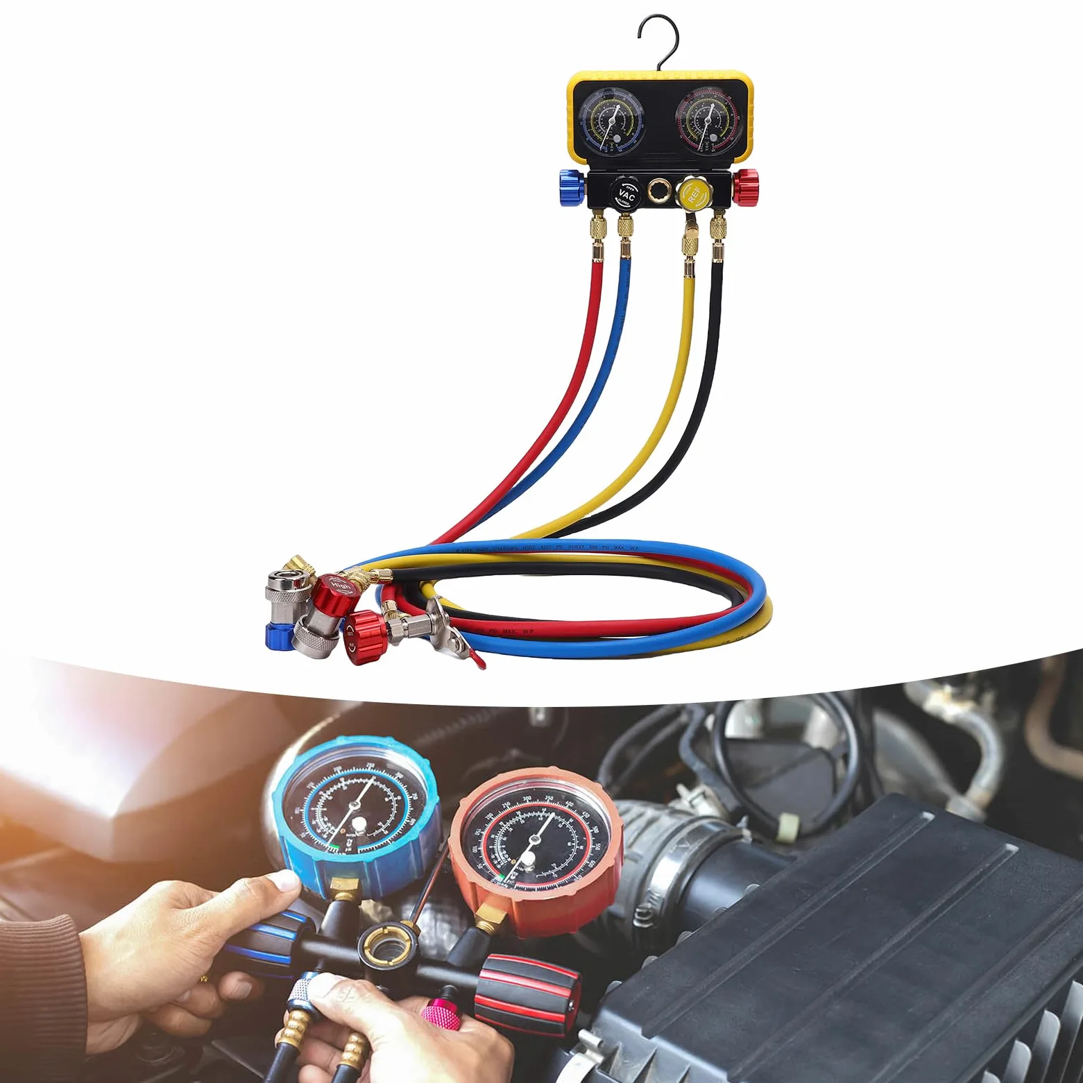 Acouto Manguetes de HVAC con Mangueras 4 Vías Manifold Latón Conjunto Servicio Pesado para el Reemplazo Refrigerantes Válvulas Seguridad Medidor Flujo Herramienta