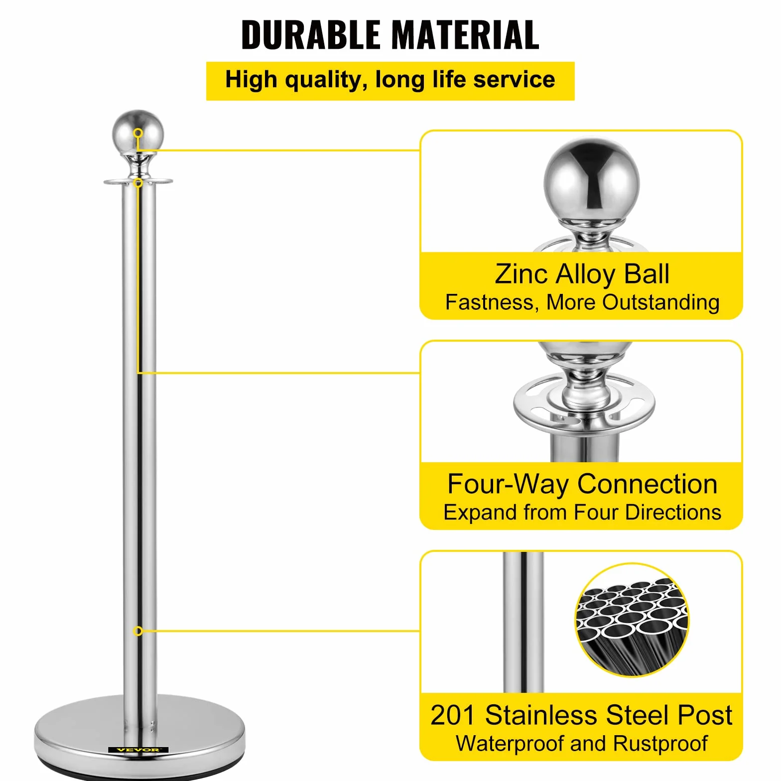 VEVOR Postes Separadores 8 piezas Altura 90 cm Platas Postes Separadores con Cuerda de Terciopelo de 1,5 m Roja Conexión de 4 Vías Diámetro de Base 32 cm Postes de Barrera de Control de Multitudes