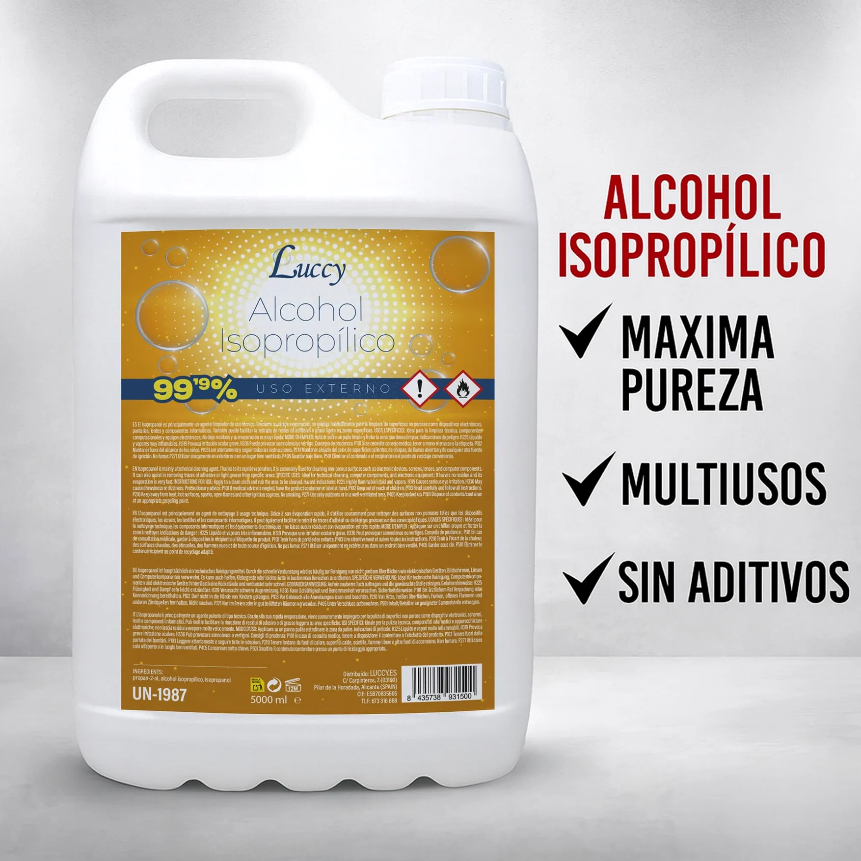 Alcohol Isopropílico 99,9% Puro 5 Litros | Isopropanol - Limpieza de Superficies y Componentes Electrónicos