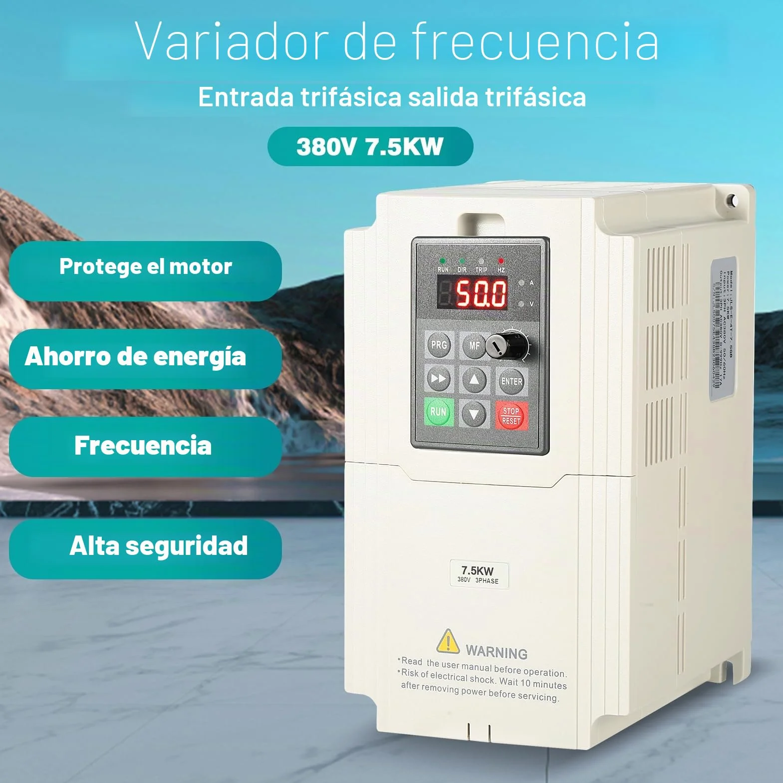 7.5KW Variador de Frecuencia Trifasico 380V VFD Trifásico Entrada Salida 380V Convertidor de frecuencia en máquinas herramienta CNC Trifásicas Trituradoras etc (con cable de extensión)