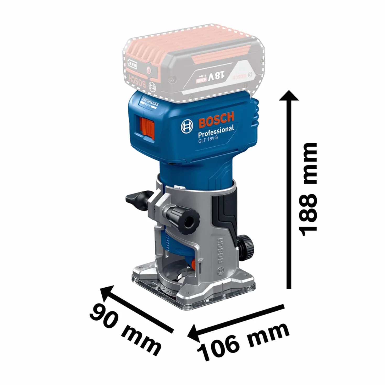 Bosch Professional 18V System fresad. corte bat. GLF 18V-8 (incl. guía paral., adapt. asp. fres. sup., adapt. asp. fres. cant., guía rod. rec. enras., pinza suj. 8 mm, llave, L-BOXX, sin bat./carg.)
