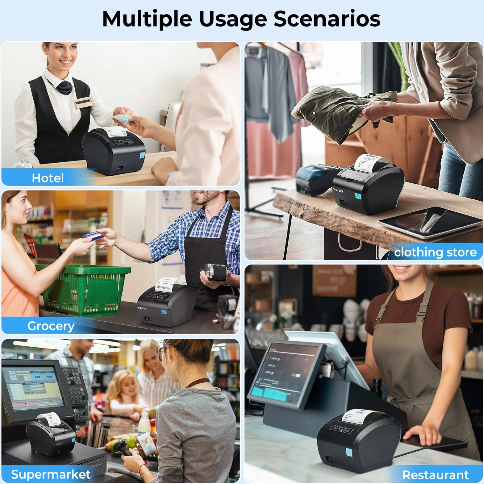 MUNBYN Impresora de Tickets Bluetooth, Impresora Termica Mfi, Puertos USB/LAN/Serial, Compatible con iOS, Android, MacOS, Windows, Linux, Chrome, con Tapa oleófuga y antisalpicaduras
