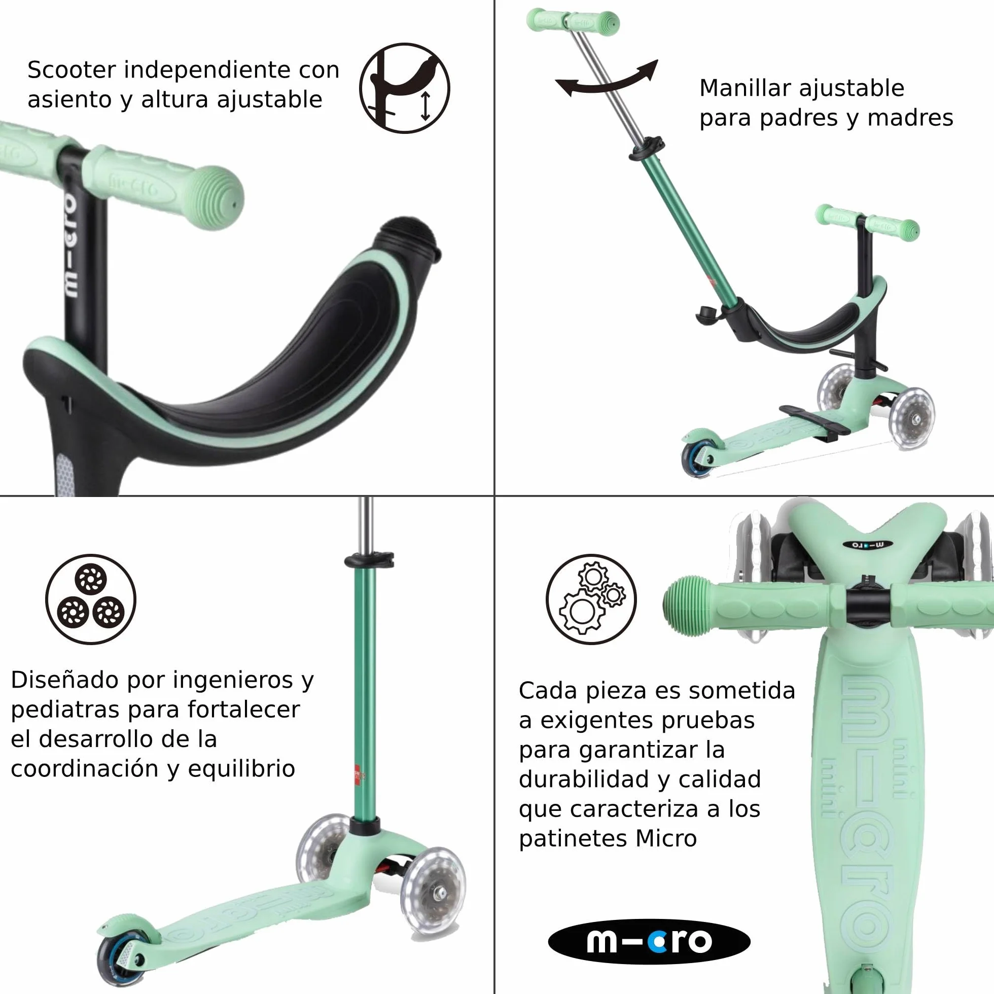 Micro Mini2Grow Deluxe LED Patinete Evolutivo 4en1 con Asiento para Niños 1-6 Años