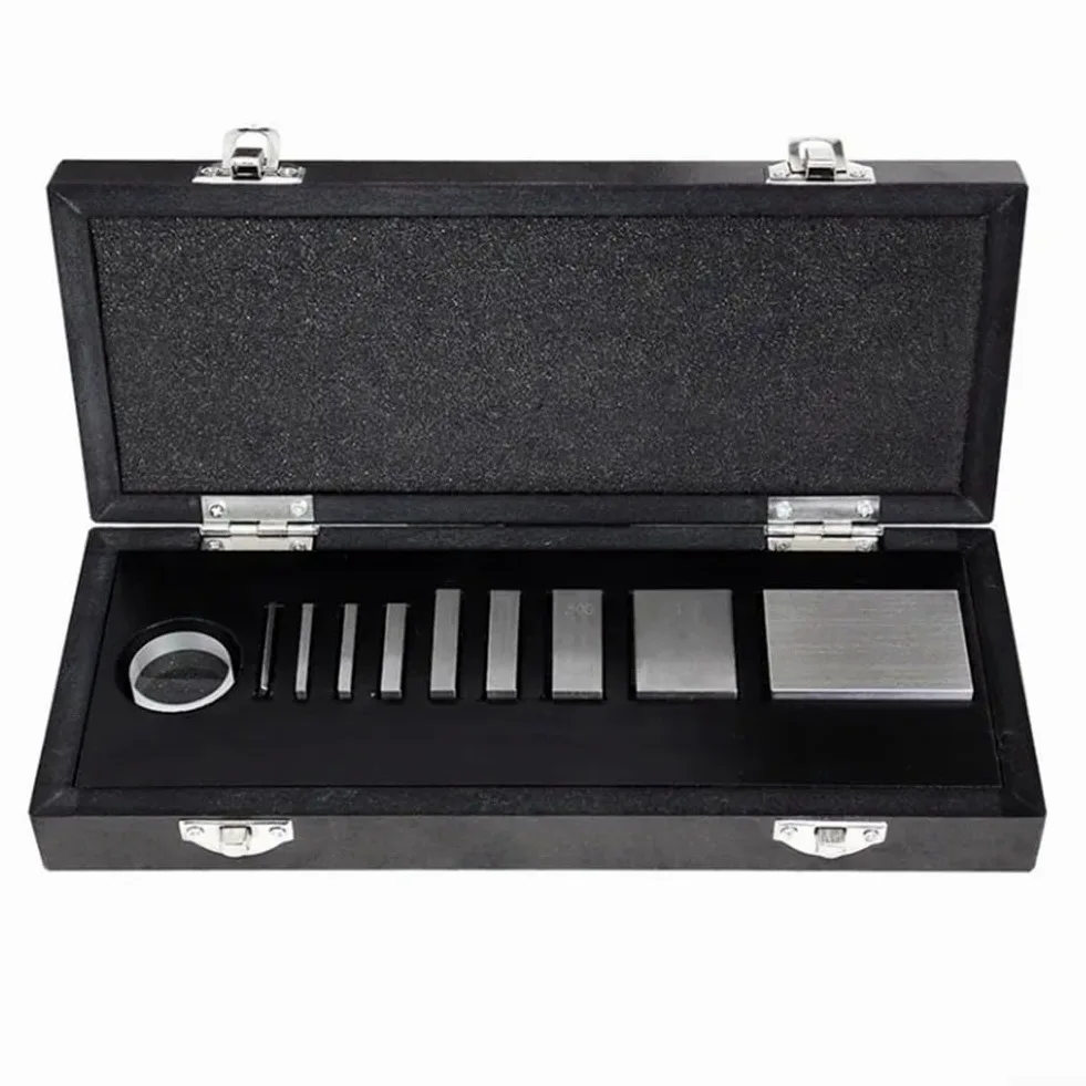 Kit de calibración de indicador con 9 bloques de calibre de acero y plano óptico, certificado rastreable NIST, tolerancia de grado AS-0, bloques serializados en caja de madera para (Nivel 1)