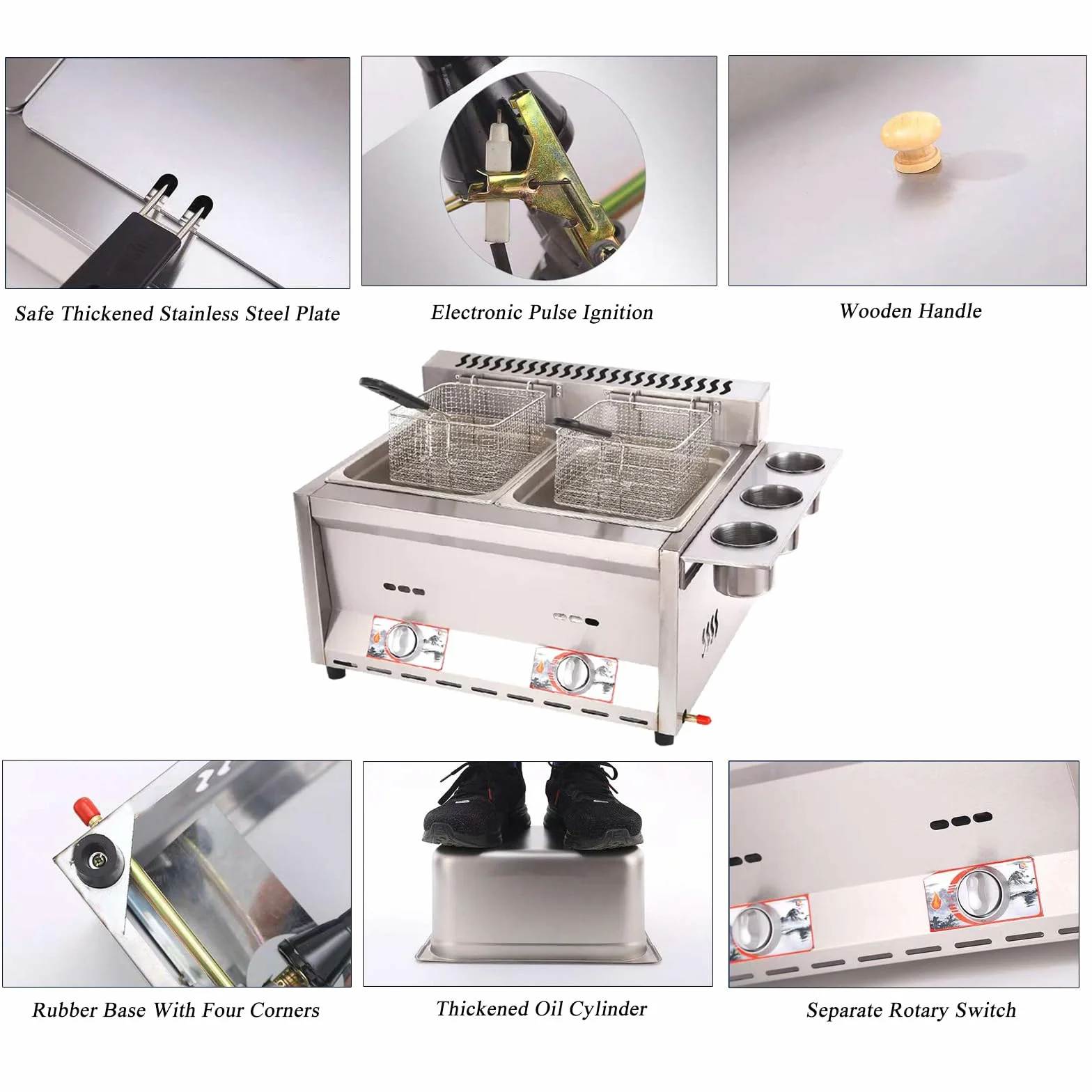 Freidora de gas, freidora de gas profesional de acero inoxidable comercial con cesta y tapa, Freidora 2x8L Doble Tanque para encimera de restaurante comercial Máquina