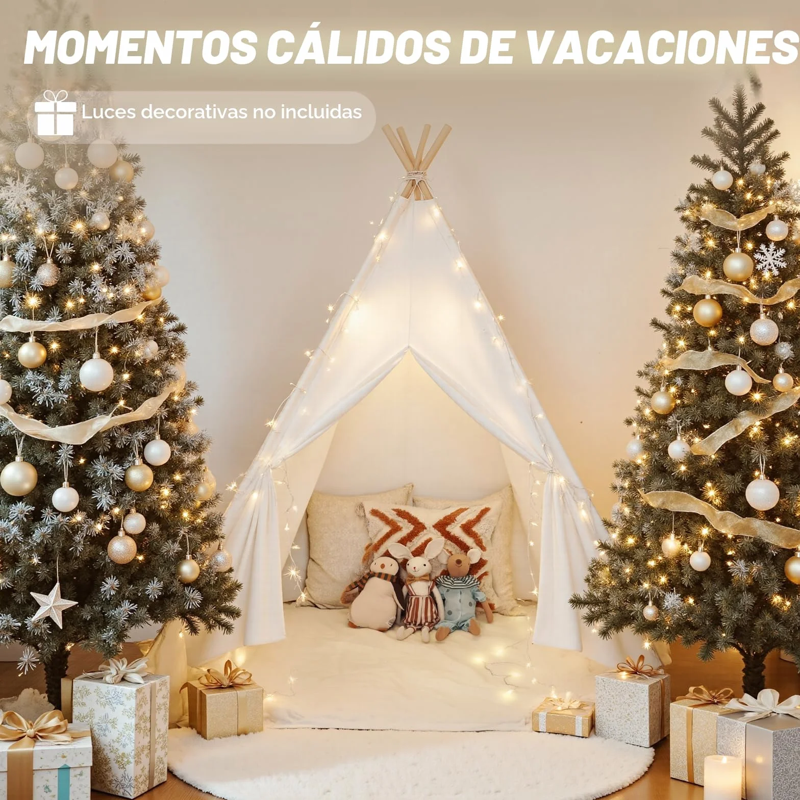 Tipi Infantil Algodón Tienda de Campaña Interior Madera Portátil Cabañas para Niños Blanco Roto