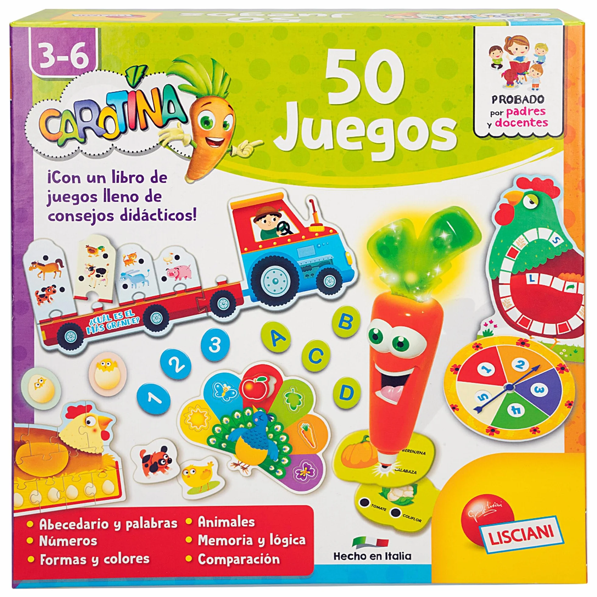 Colorbaby Lisciani Carotina 50 Juegos Juego de Mesa Bolígrafo electrónico parlante Tablero Doble Cara 55 fichas 24 Tarjetas memo 10 puzles Maxi póster 3 años