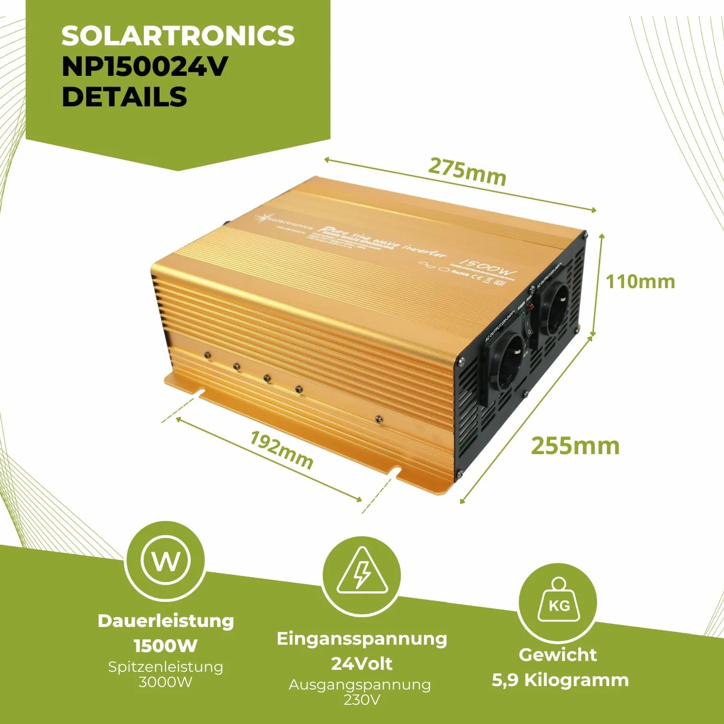 Convertidor de Tensión 24V 1500 3000 Watt Reiner Sinus Power USB 2.1 a Gold Edition
