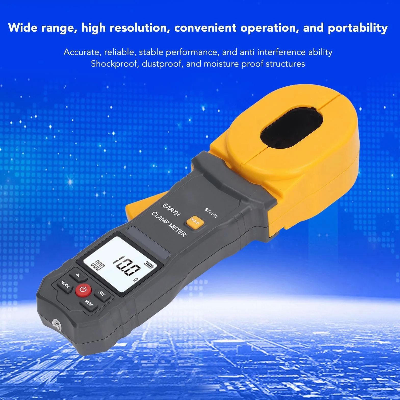Gugxiom Pinza Amperimétrica Digital Pinza Medidor de Resistencia a Tierra 55x32 Mm, ST4100 LCD Pinza Probador de Tierra Resolución de Resistencia 0.001Ω 0.01mA, Apagado