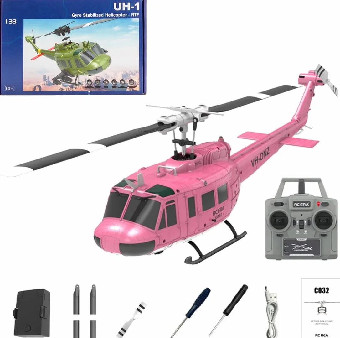 RC ERA C032 UH-1 Huey Helicóptero teledirigido para adultos 1/48 Escala 2.4G 6CH Gyro Stabilized Altitude Hold Optical Flow 3D Stunt Drone Rosa