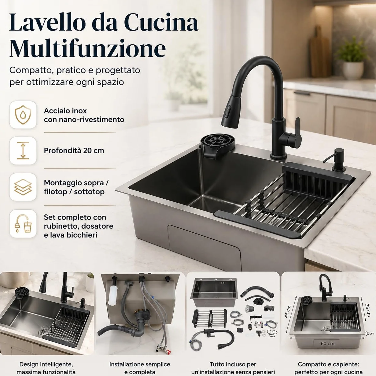 Fregadero de acero inoxidable 1 bandeja – 60 x 45 cm comerciales Fregadero de cocina empotrable nano-revestimiento aver grifo giratorio extraíble y cesta de drenaje – Negro