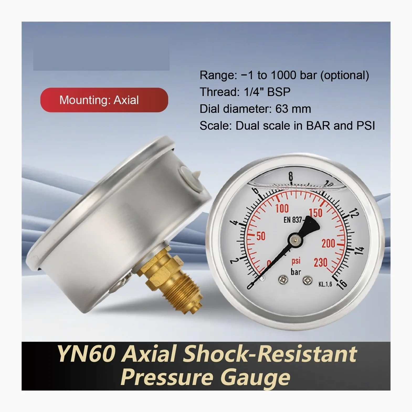 Manómetro, Manómetro de montaje Axial YN60, barra llena de líquido de acero inoxidable, e Dual Psi, resistente a vibraciones de alta precisión 1/4BSP | 0-16bar