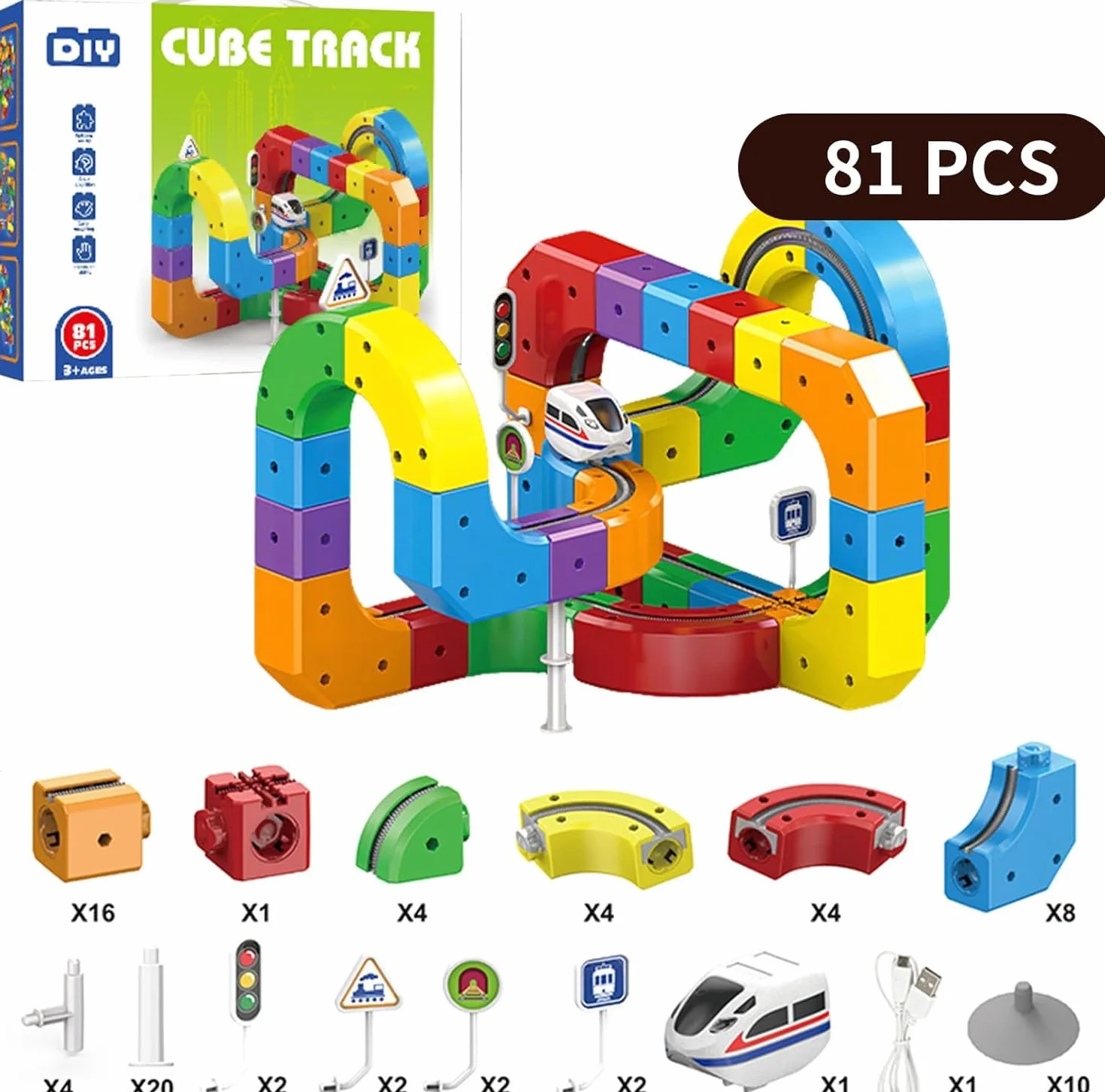 Clickrail Electric Train Set 81 Piezas Flexible Racing DIY Cube Track Block Gravity Defying 3D Layouts Imán Ferrocarril Magic Rail Block Juguete Regalo Niños