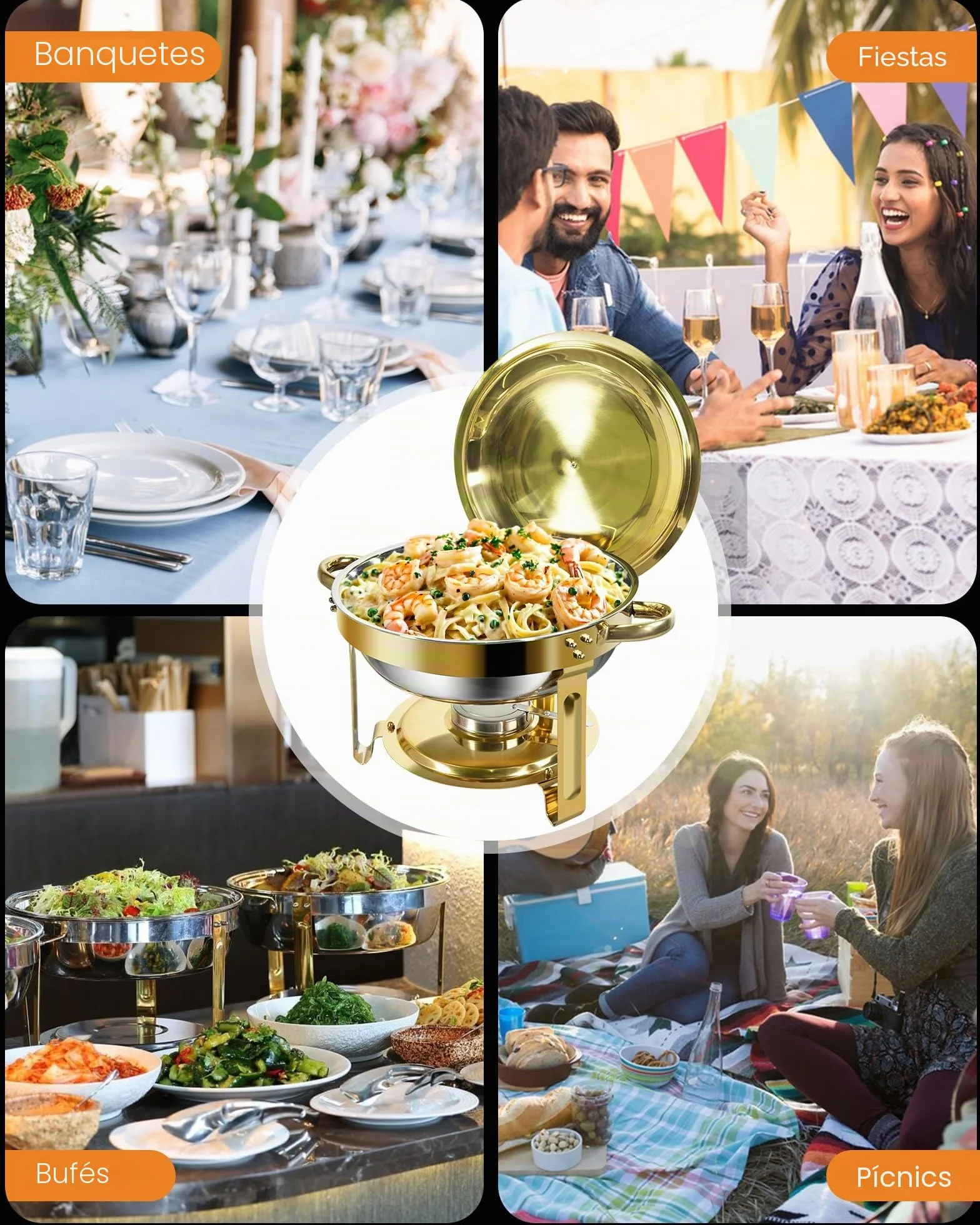 Oro Chafing Dish Buffet Set 5L Acero Inoxidable 2 Recipientes Calientes para Catering