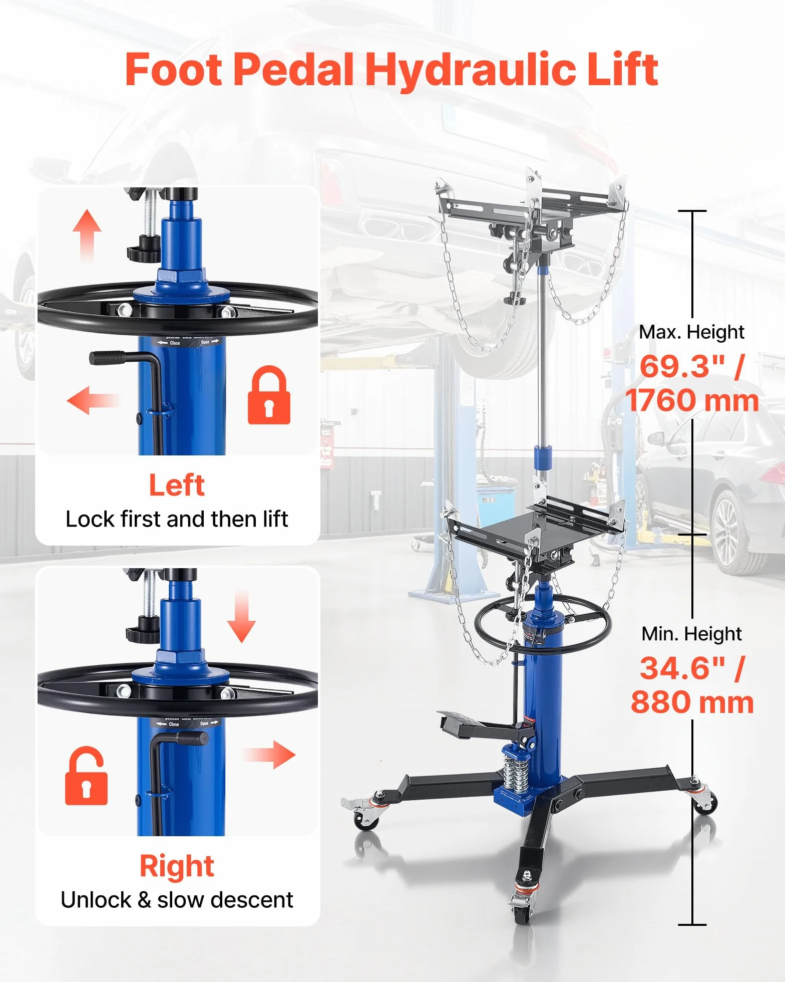 VEVOR Gato Hidráulico de Transmisión, Capacidad de Elevación 600 kg, con Pedal y Caja de Cambios Telescópica Doble, Altura de Elevación 88-176 cm, a Garaje/Taller, Azul, 735 x 625 x 970–1855 mm