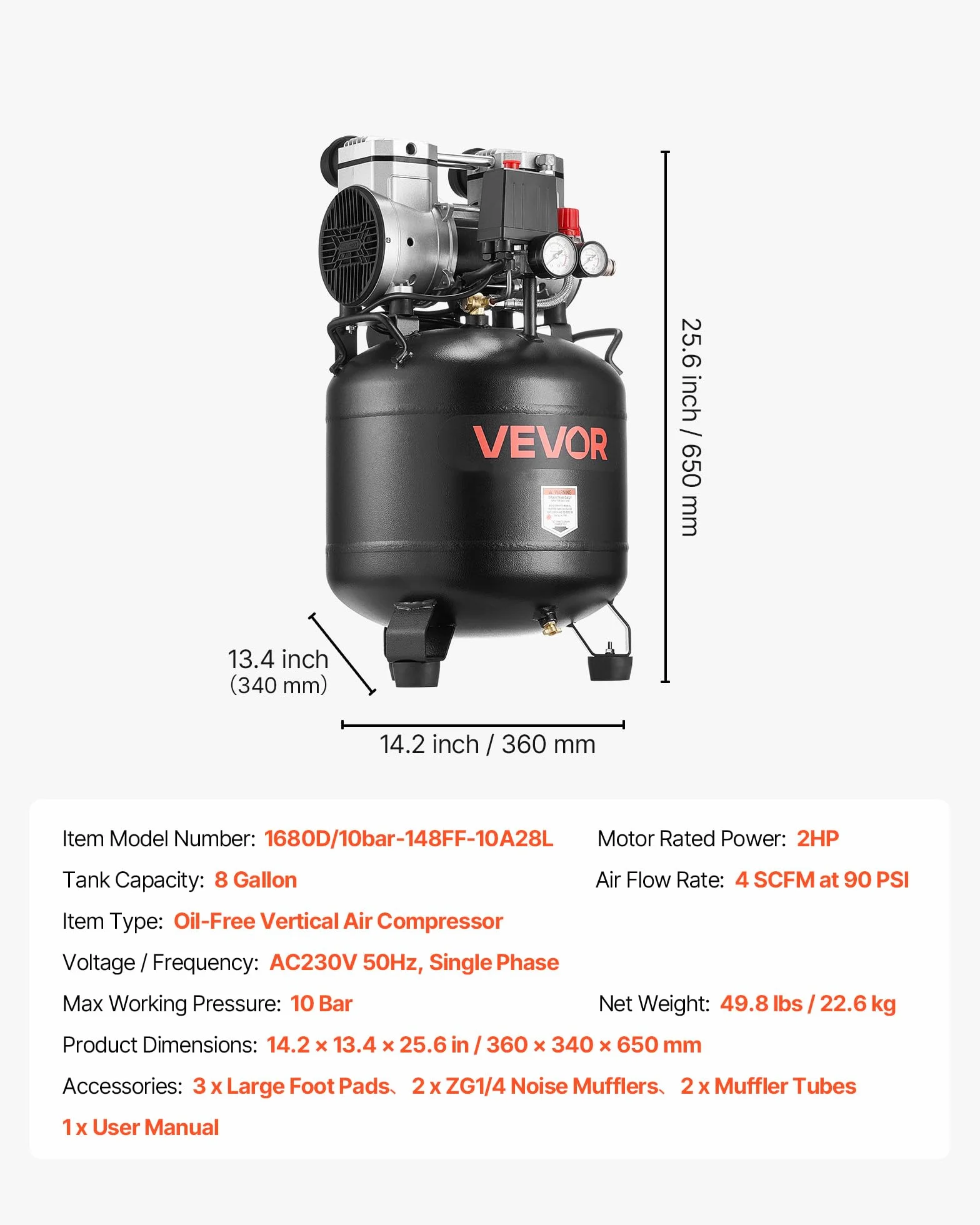 VEVOR Compresor de Aire 30 L, 1.5 kW, 113 L/min, 10 Bar, Silencioso 75 dB