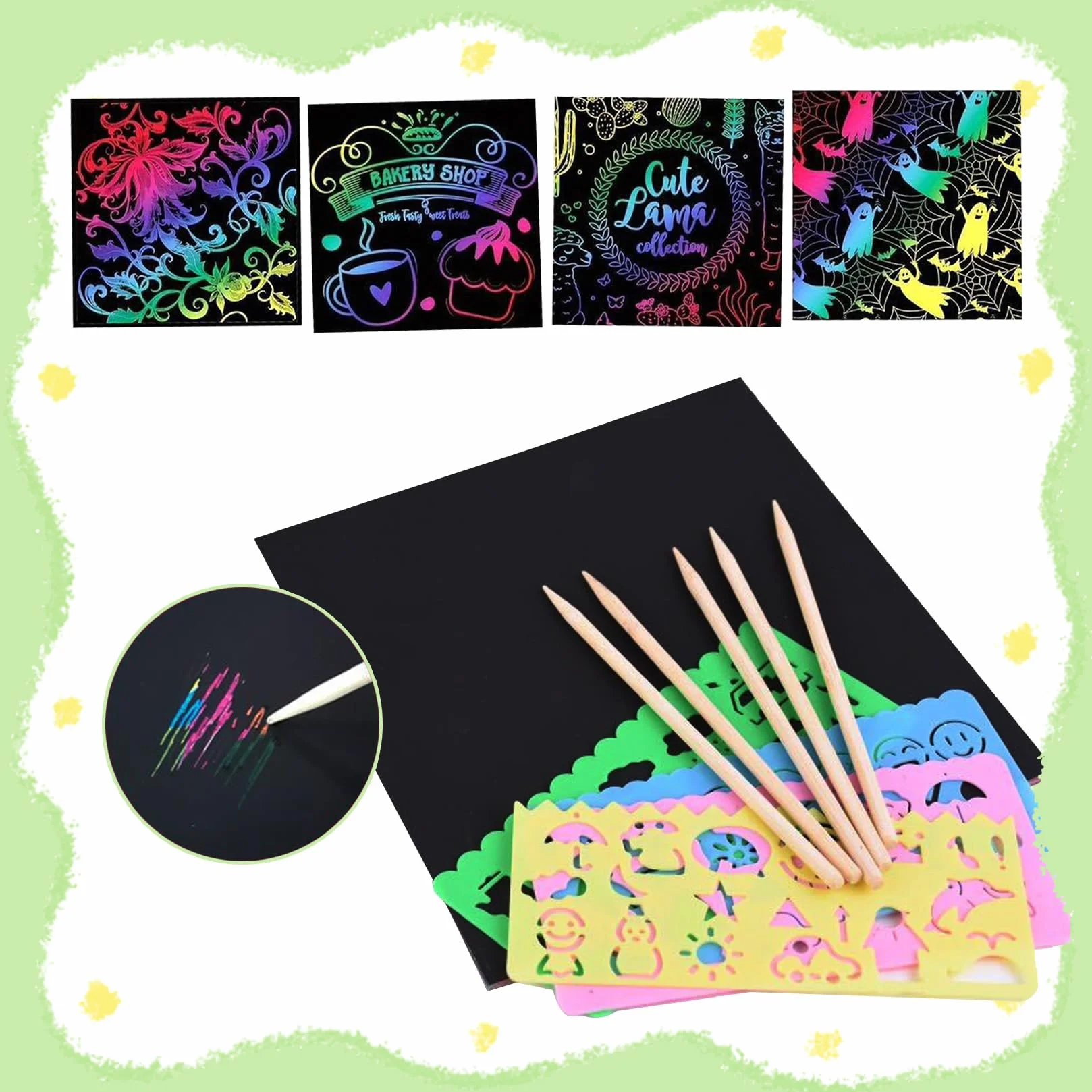 Juego De Dibujos Para Rascar Papel Negro 8,5 Cm Con 4 Bolígrafos Y 4 Plantillas Para Niños