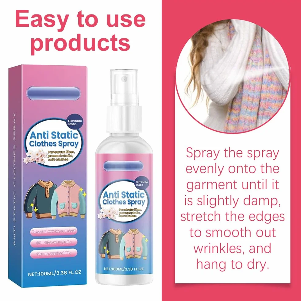 Spray Antiestático para Ropa 100ml Antiestático para Tejidos Reduce Electricidad Estática
