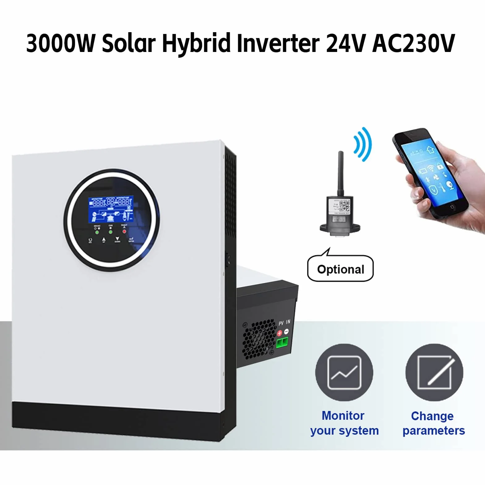 Inversor híbrido Solar de 3KW / 3000W DC 24V AC 230V Inversor de Onda sinusoidal Pura Fuera de la Red 90A MPPT Cargador Solar, PV 130-430V en Soporte