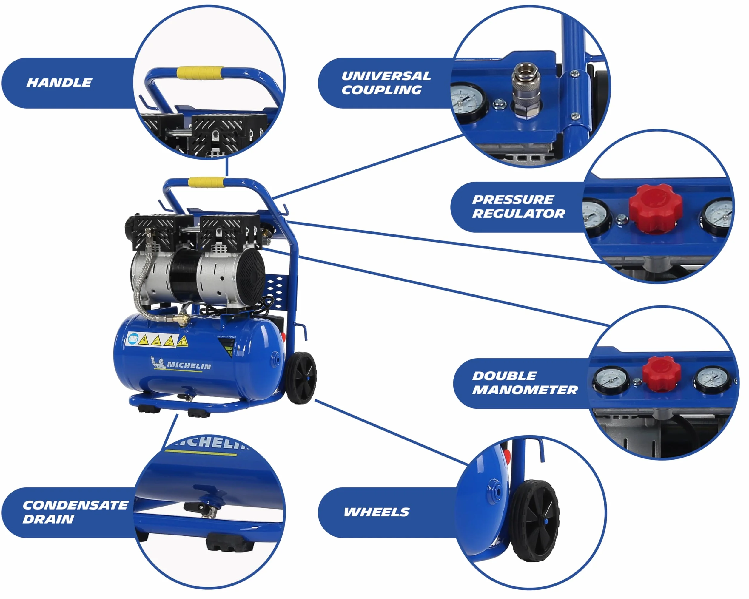 MICHELIN CA-MX10-1 - Compresor Silencioso 10LT 1HP - 59 dB - Capacidad 10 L - Motor de 1 HP - Presión Máx 8 Bar - Caudal 130 l/min - Sin Aceite - Portátil - Carro Ergonómico