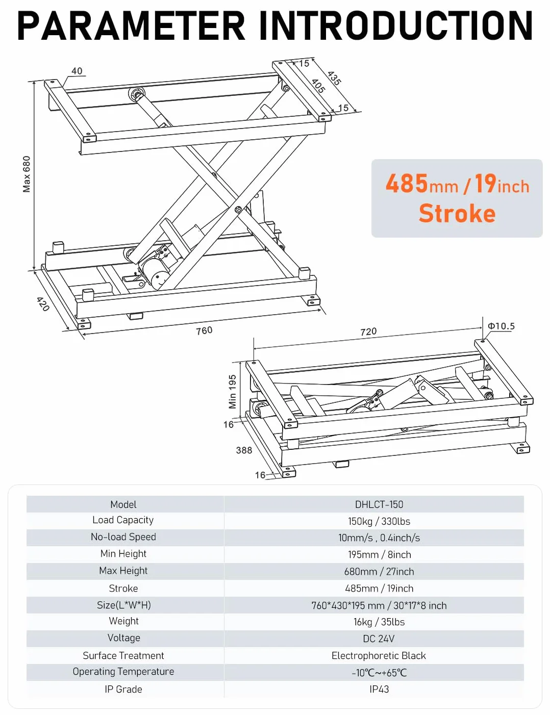 DIHOOL Plataforma de elevación eléctrica de 150 kg de carga, Plataforma de tijeras ajustable de altura 195-680 mm, control de pedales