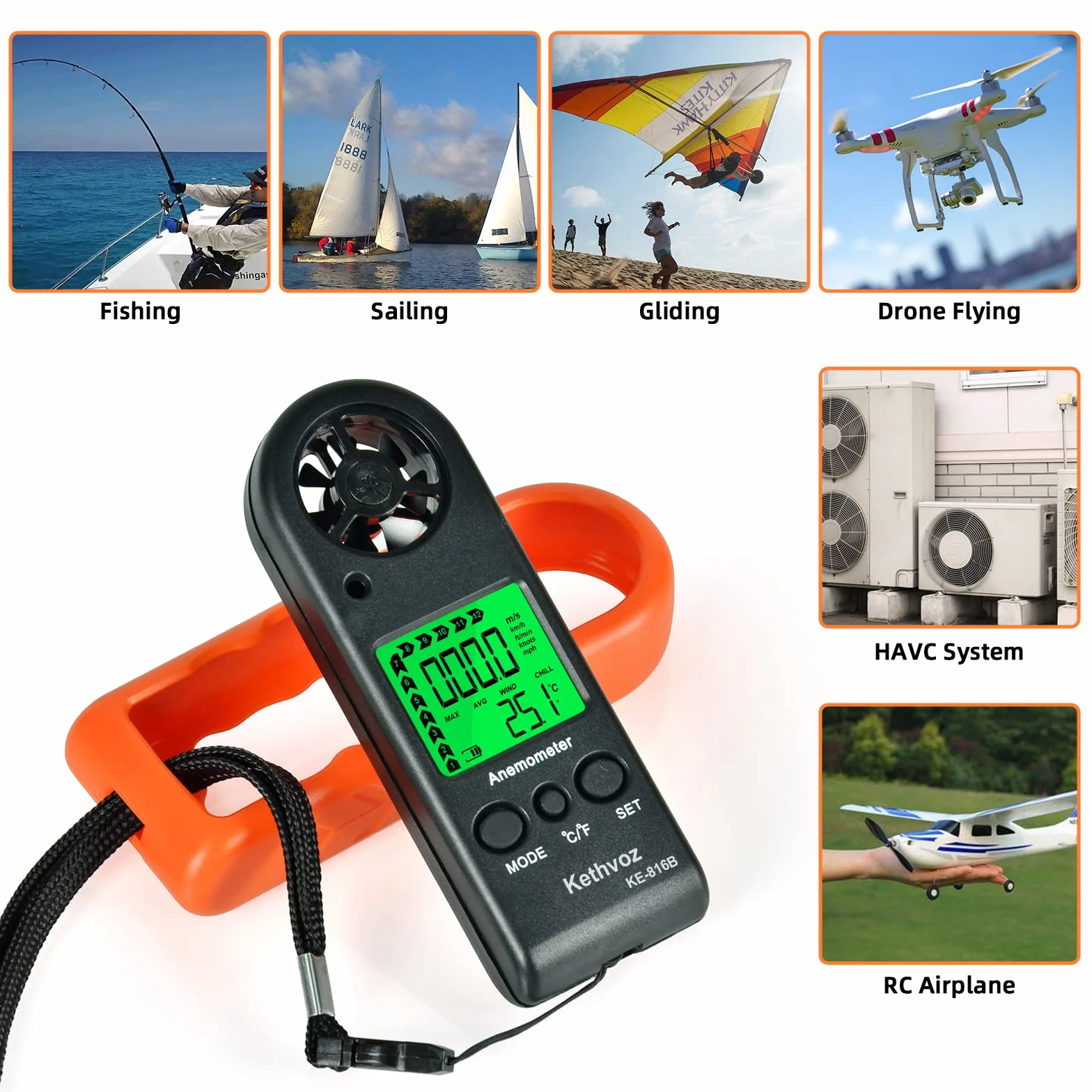 Kethvoz Anemómetro Medidor de Velocidad de Viento de Mano 816B Probador de Viento Mini para Barco Windsurf Vela Dron
