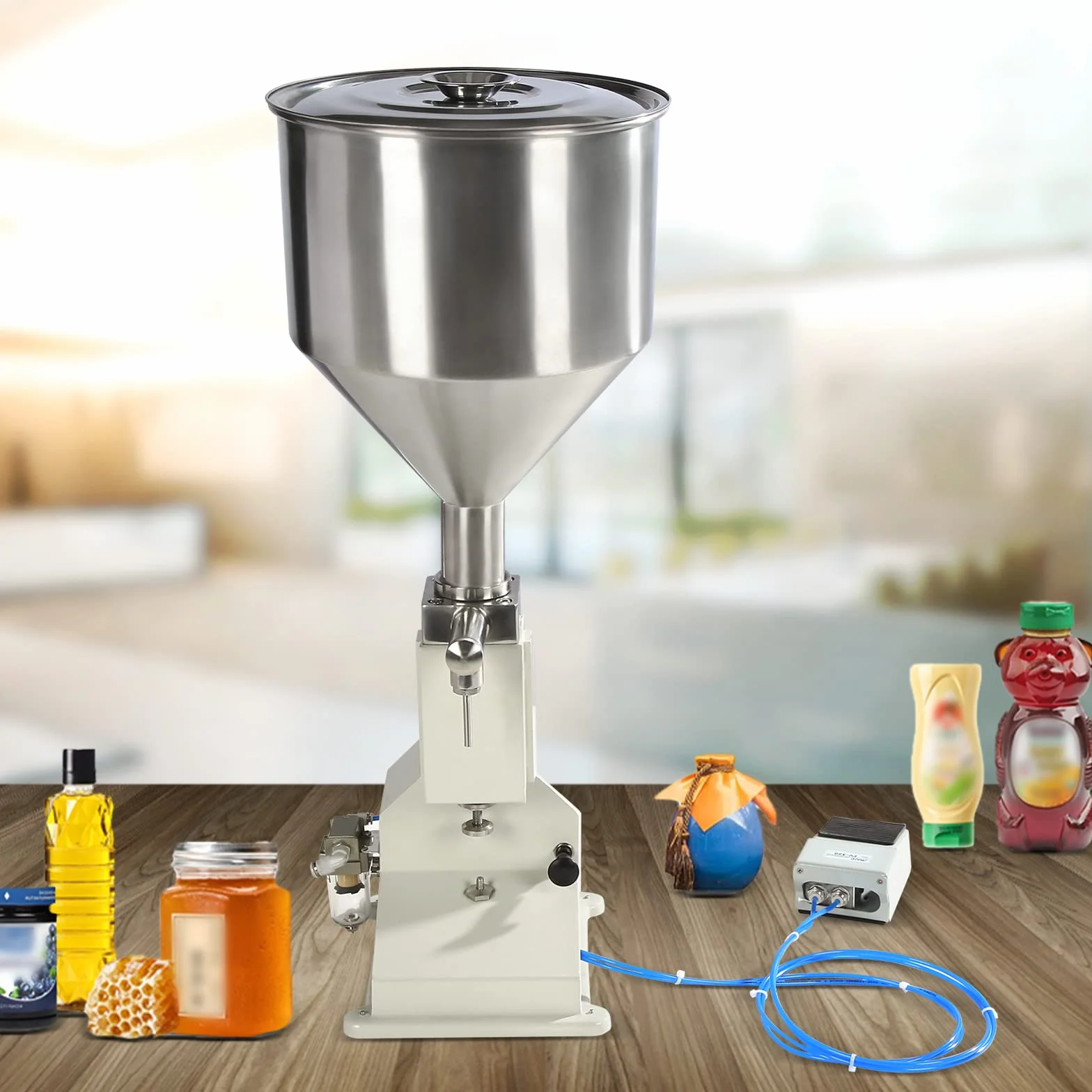 Máquina de llenado neumática, carrera de llenado de 5-50 g Máquina de llenado de pasta neumática con tolva Máquina de llenado de líquido de pasta de acero inoxidable Máquina de llenado de botellas