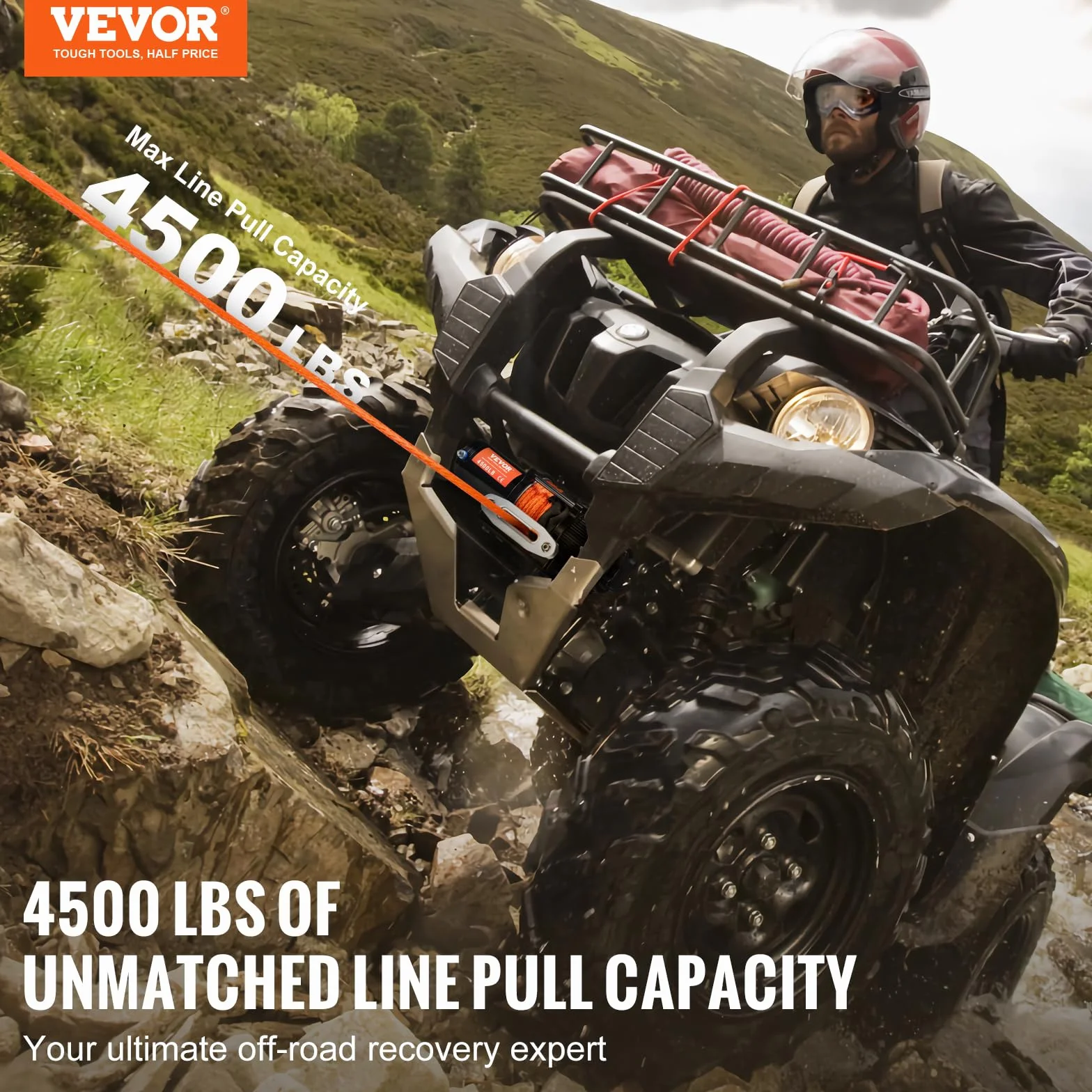 VEVOR Cabrestante Eléctrico ATV UTV Capacidad de Remolque 2041 kg 12 V DC Cuerda Sintética de 12 Hilos Φ0,6x1188,7 cm Control Remoto Inalámbrico y por Cable Impermeable IP55 para Remolque ATV UTV