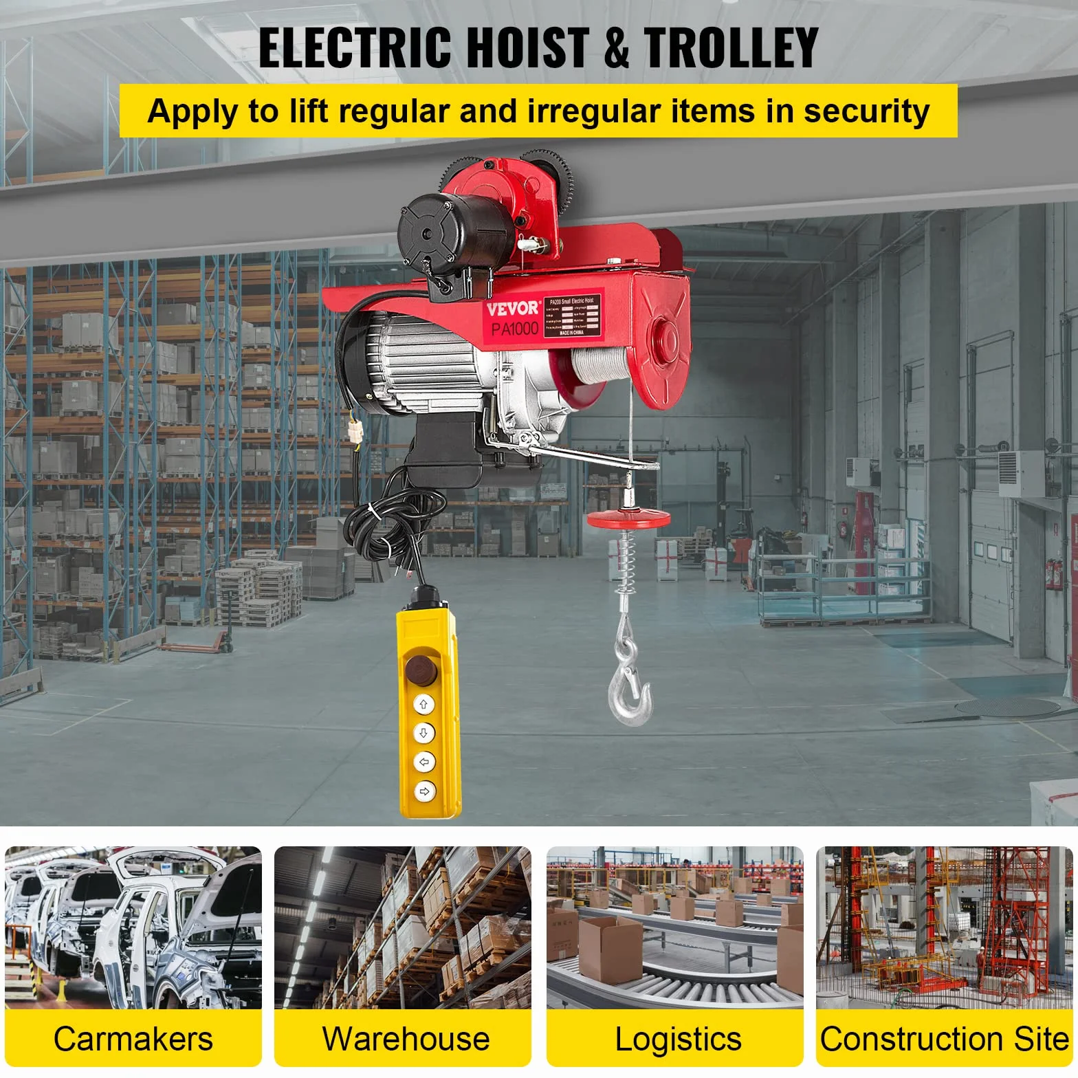 VEVOR Polipasto Eléctrico, Montacargas Eléctrico con Carretilla Eléctrica, Capacidad de 1000 kg, Polipasto Eléctrico de Acero Cabrestante Eléctrico Cable Eléctrico con Mando a Distancia