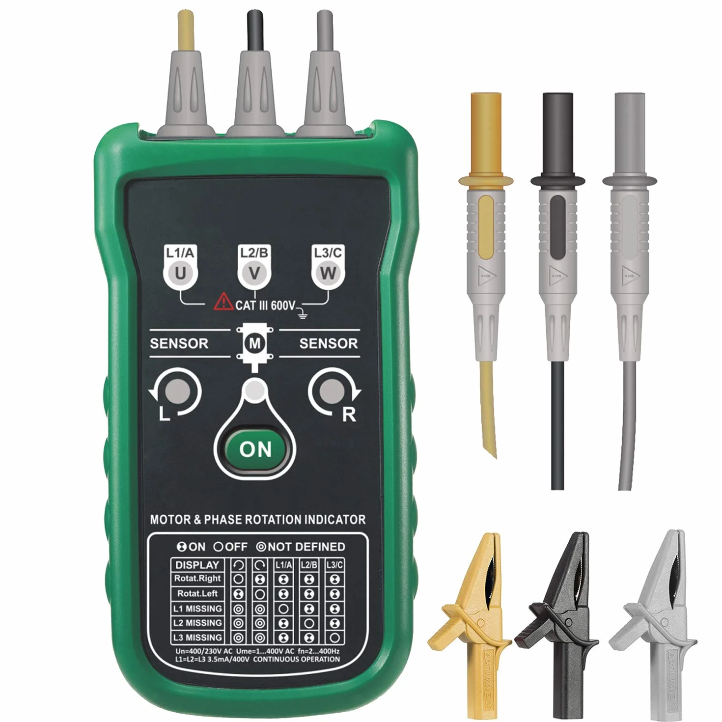 KPS-CF100 Comprobador de secuencia de fases y rotación de motores. Indicador de secuencia de fases en sistemas trifásicos. Comprobador del sentido de giro de motores.