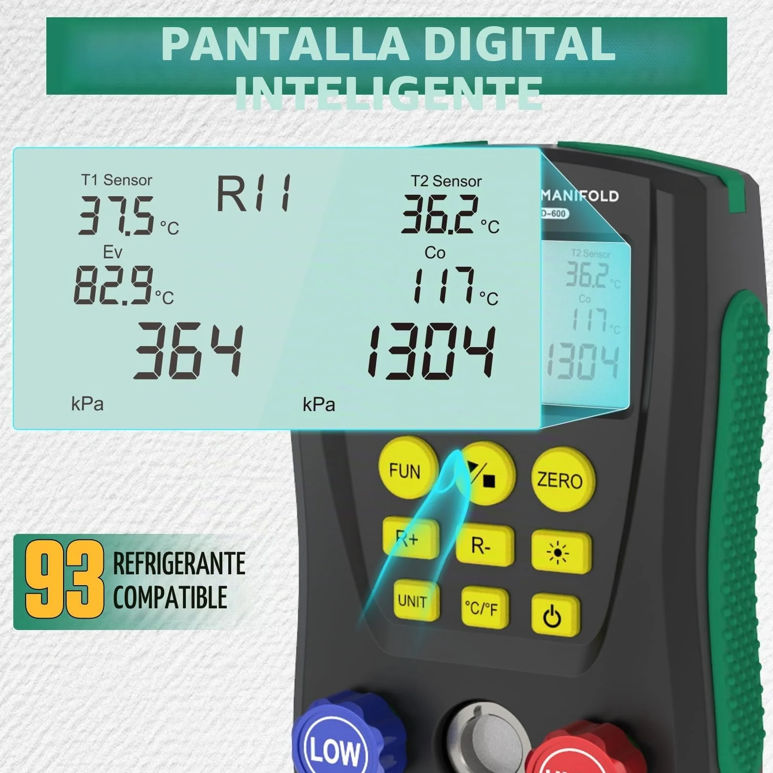 BELEY Juego de manómetros digitales, R32 R410a Kit de indicador digital para sistema de colector, manómetro de sistema HVAC de temperatura para 93 refrigerantes, con 2 abrazaderas de temperatura