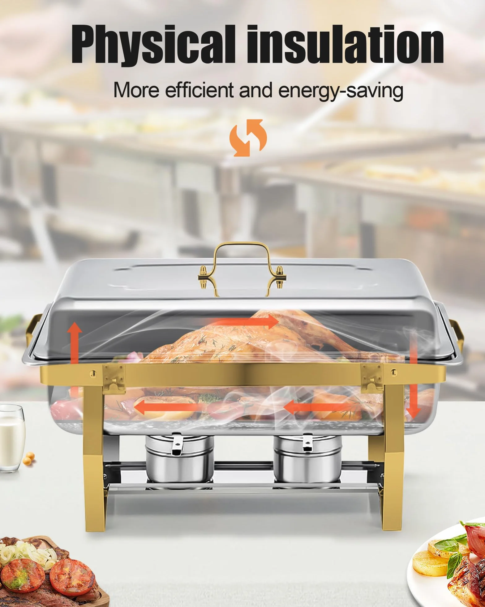 Chafing Dish Buffet Set 9L Acero Inoxidable Oro Plata Acabado Espejo Borde Enrollado Calentador Alimentos Catering