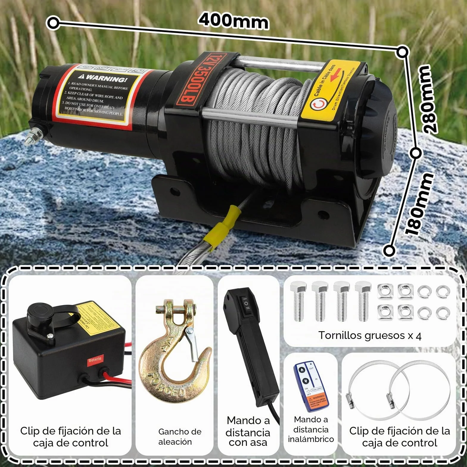 Cabrestante Eléctrico 3500lb/1588kg, Cabrestante Eléctrico 12V con Control Remoto Inalámbrico y Manual, Motor de Cobre Impermeable Ideal para el Auto Recupero de Vehículos Todoterreno Ligeros