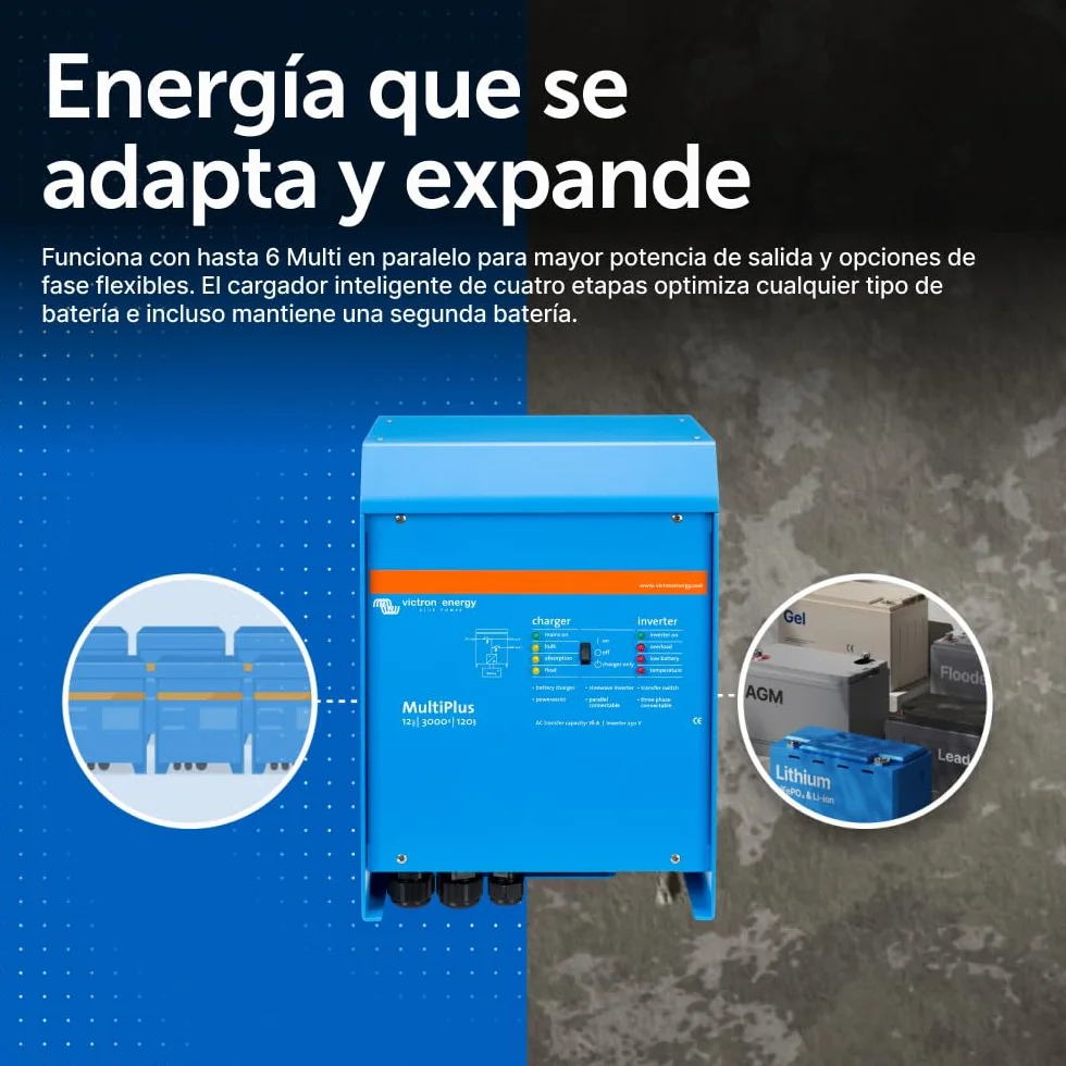 Victron Energy MultiPlus 3000VA 12-Voltios 230V Inversor de Onda sinusoidal Pura 120 amperios Cargador de batería, Interruptor de Transferencia 16 amperios