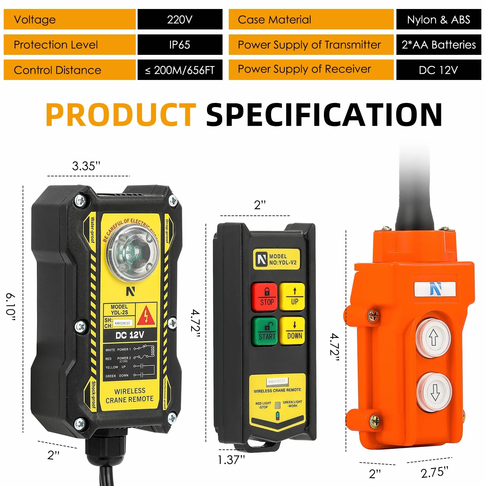 NEWTRY Mando a distancia de grúa de 12 V, control inalámbrico 2 en 1, control inalámbrico de 200 m, alcance de control de 4 botones, para industria, polipasto, camión, grúa, interruptor de elevación