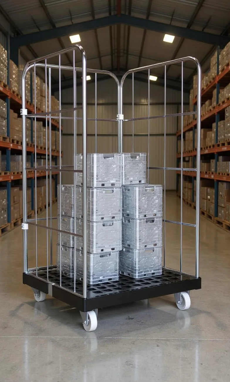 Carrito con ruedas de 1650 mm, 3 caras, galvanizado, color azul, solución de transporte de almacenamiento para máxima eficiencia, construcción estable, ideal para almacenes y logística