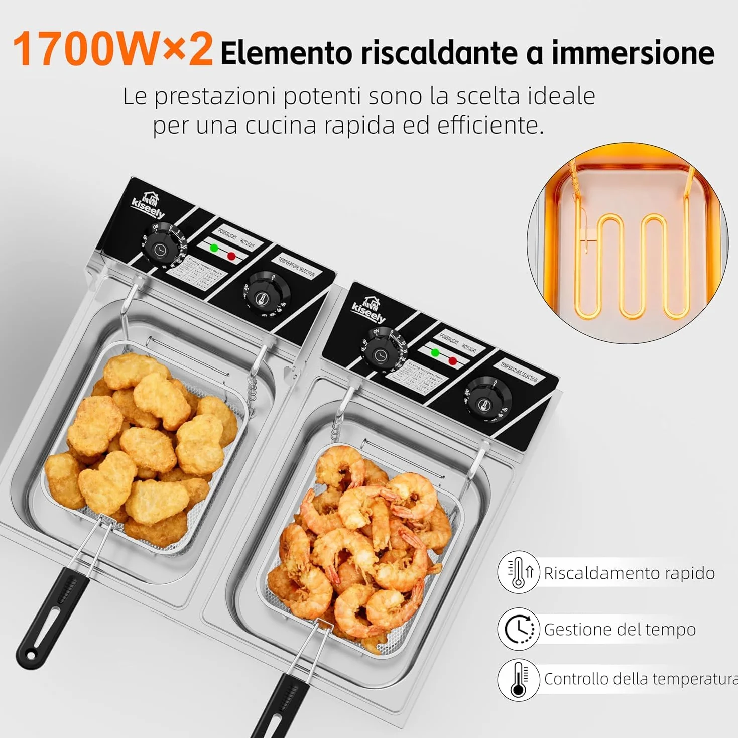 Freidora eléctrica de 20L, freidora comercial de 3500W con cestas y tapas, freidora de cocina de acero inoxidable con doble tanque y control de tiempo y temperatura (Freidora doble de 20L)