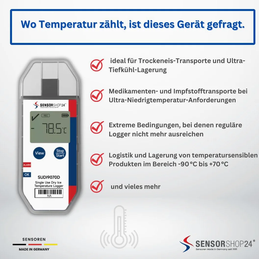 ClimateLog24 Registrador de datos de temperatura con PDF + CSV Report Single-use & Multi-Use Variantes para Farmacéutica, Alimentos y Cadena de Frío (Single-Use Dry-Ice Data Logger para temperatura