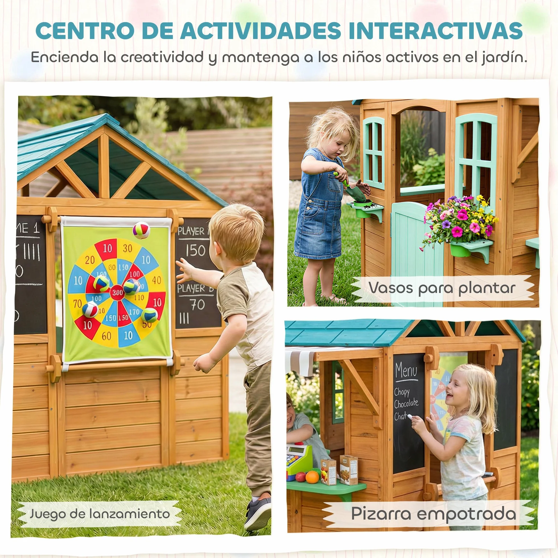 AIYAPLAY Casita Infantil Madera Exterior Interior con Barra Snack Maceteros Pizarra Ventanas Tela Tiro Pelotas Jardín Niños 3-6 Años Multicolor