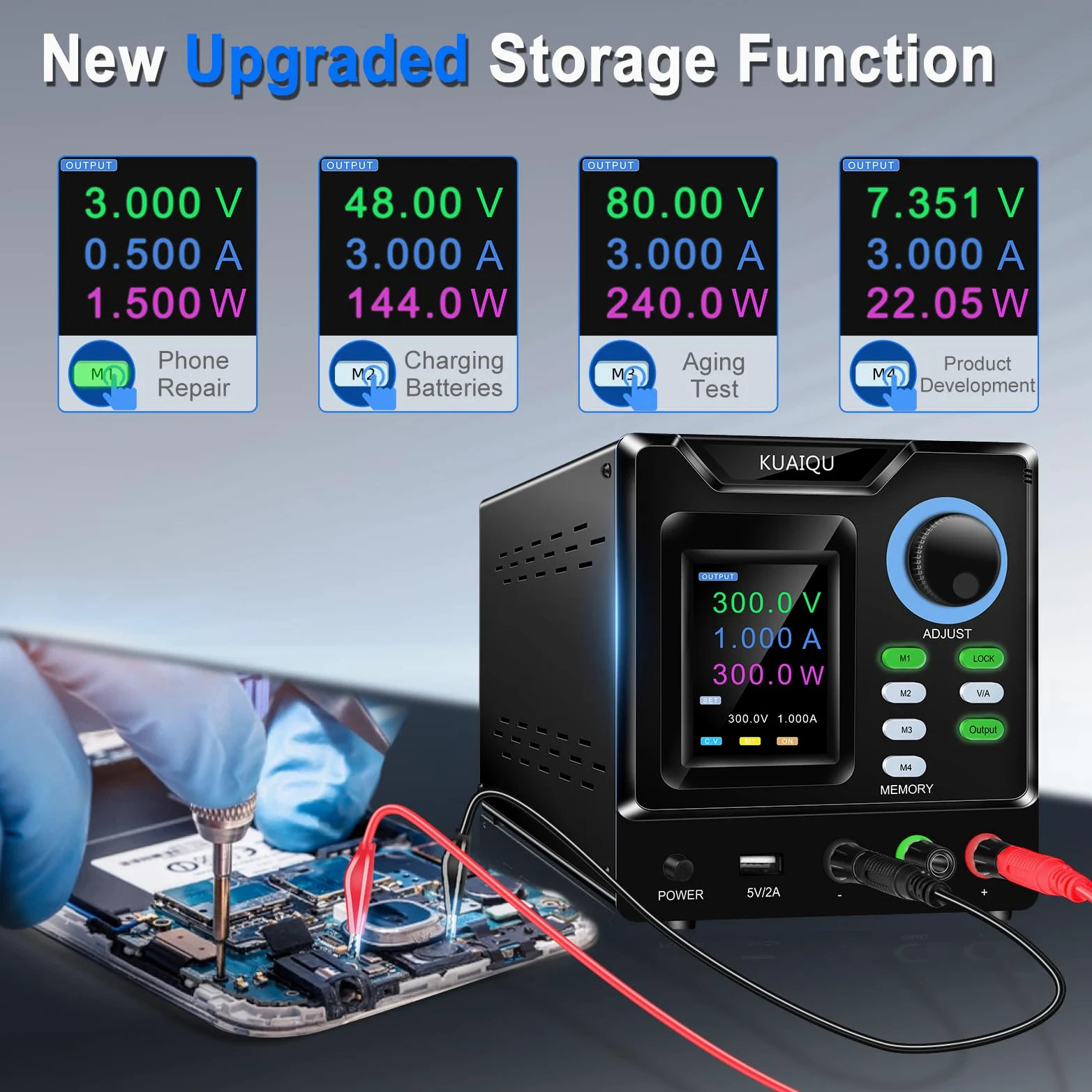 Fuente de Alimentación Regulable Programable 300V 1A, Alto Voltaje Fuente de Alimentación Laboratorio con Software PC, Perilla Codificadora, Memoria, Interruptor de Salida y Botón de Bloqueo