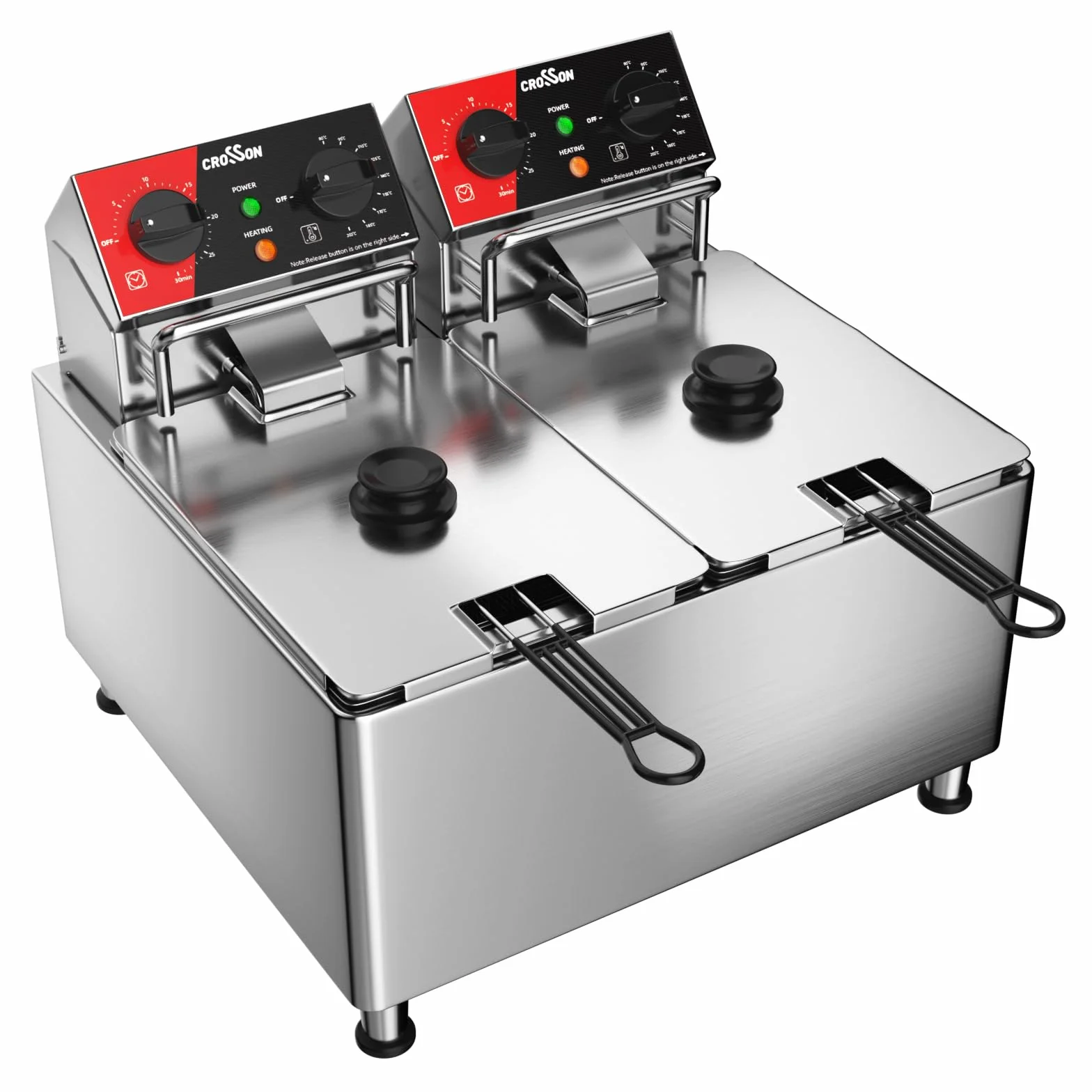 CROSSON Freidora Doble Eléctrica Profesional 8L,4000W Freidora Industrial Hosteleria de Acero Inoxidable con Cesta y Tapa, Temperatura Ajustable,para Aros de Cebolla Pollo Papas Fritas