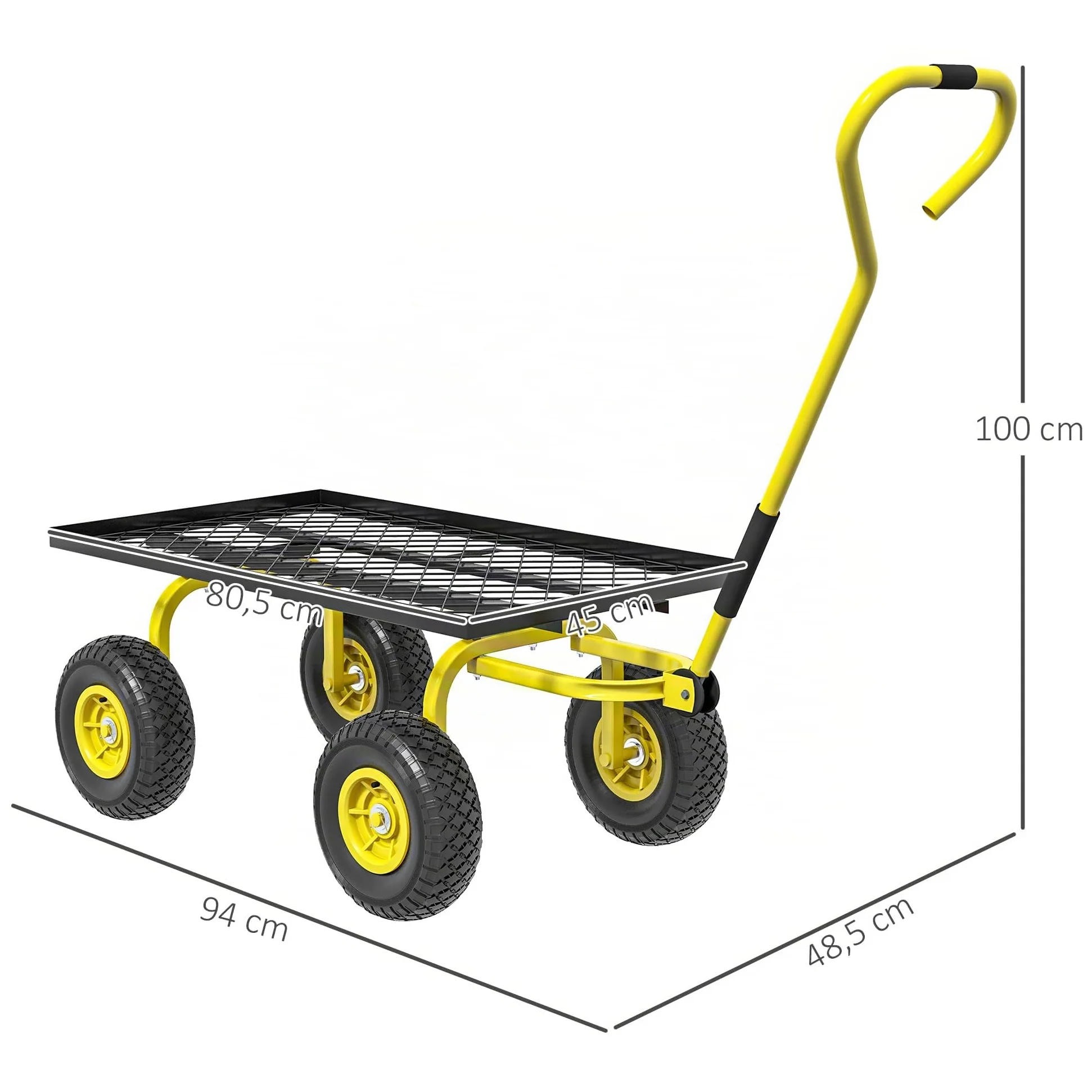 Outsunny Carro de jardín resistente estructura metálica Amarillo | Ruedas neumáticas 10", manija giratoria, capacidad 150kg, para granja